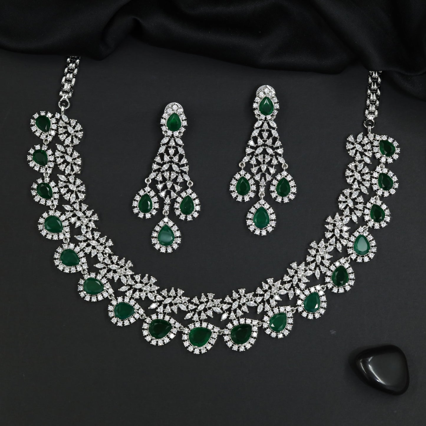 Bridal Rosette Rhodium Necklace Set with Scalloped Halo Border