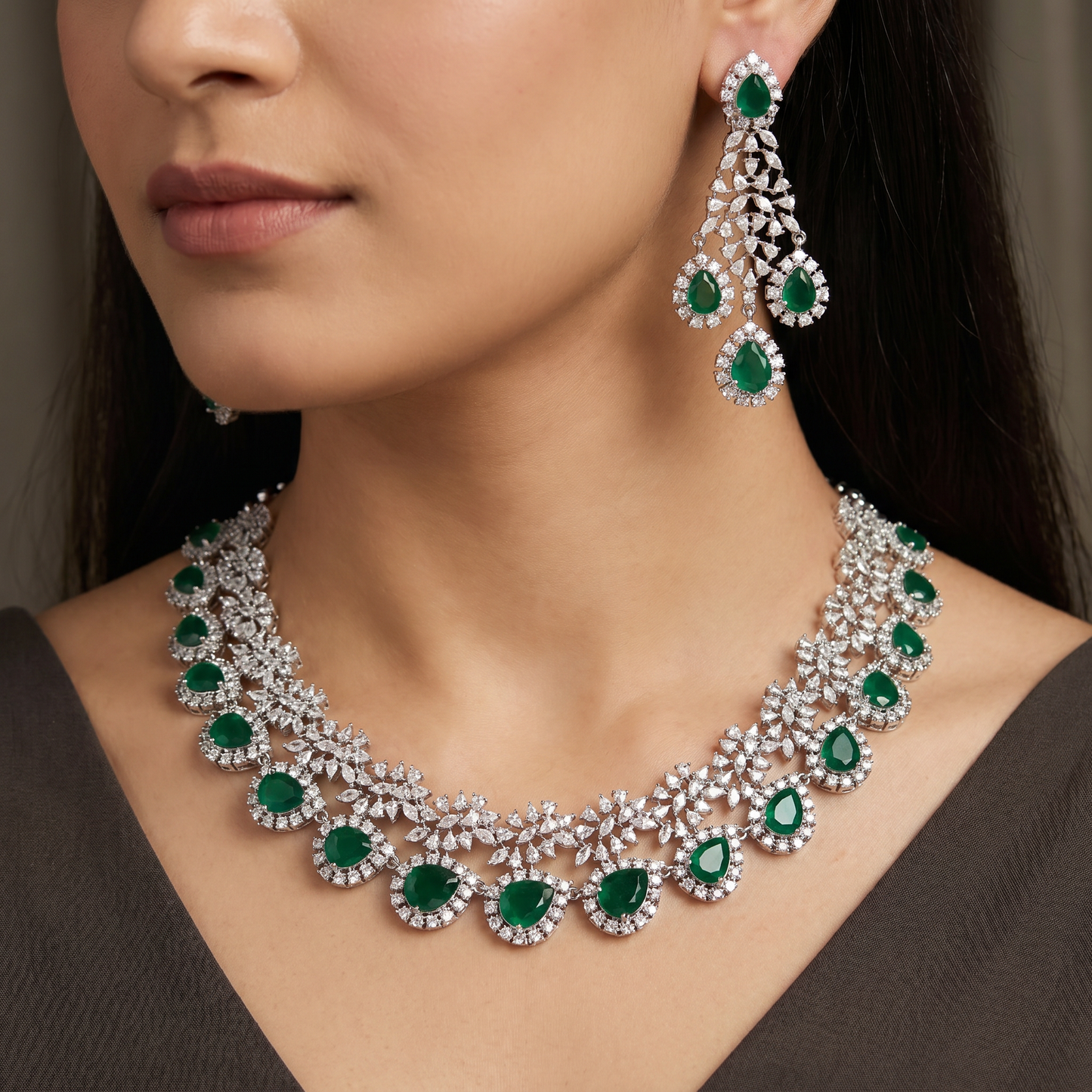 Bridal Rosette Rhodium Necklace Set with Scalloped Halo Border