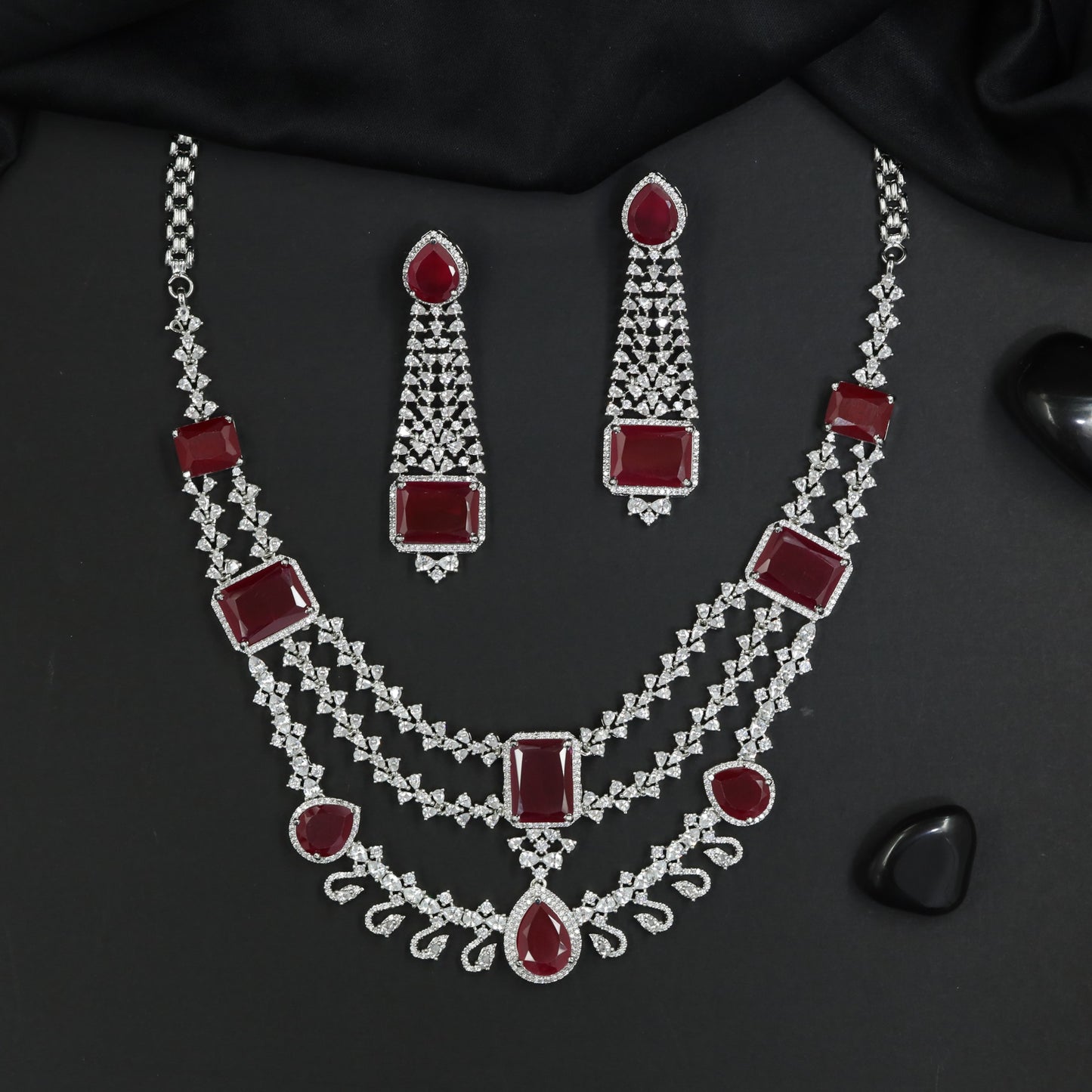Designer Two Layer Rhodium Necklace Set with Teardrop Centrepiece