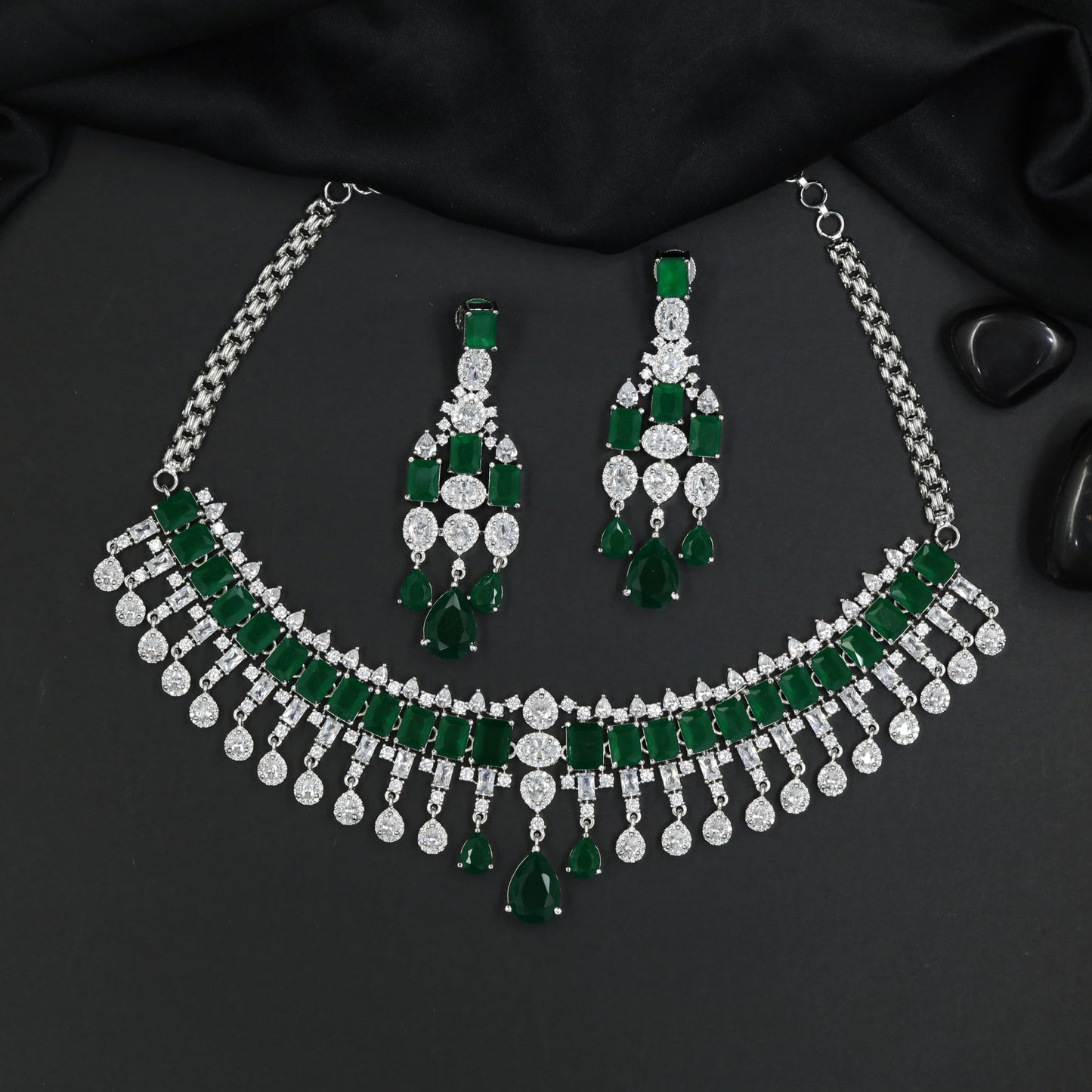 Glam Fringe Rhodium Necklace Set with Crescent Style Detailing