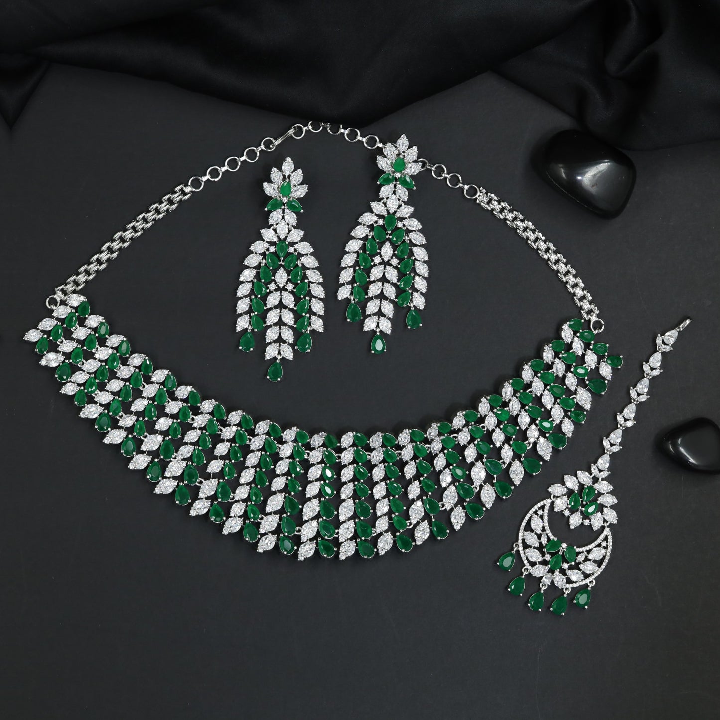 Luxe Fringe Collar Rhodium Necklace Set with Statement Drop Earrings
