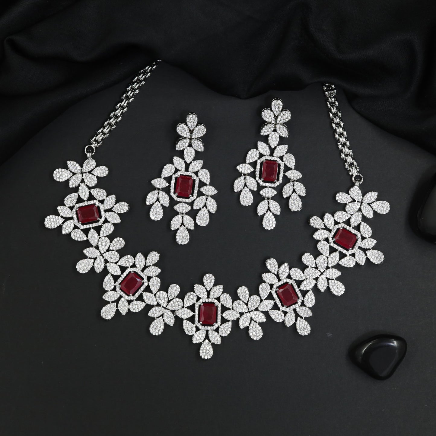 Statement Floral Rhodium Necklace Set with Blossom Detailing