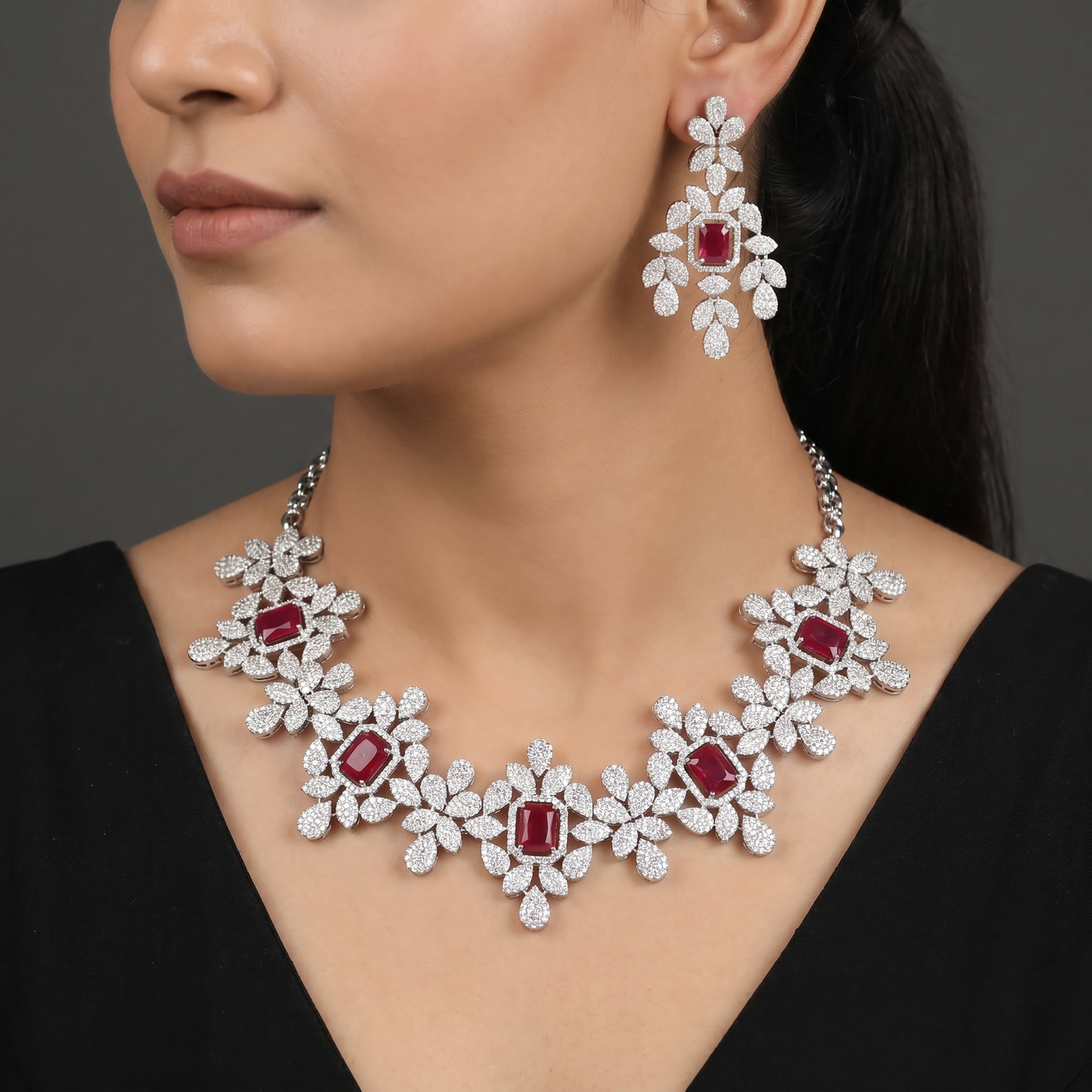 Statement Floral Rhodium Necklace Set with Blossom Detailing