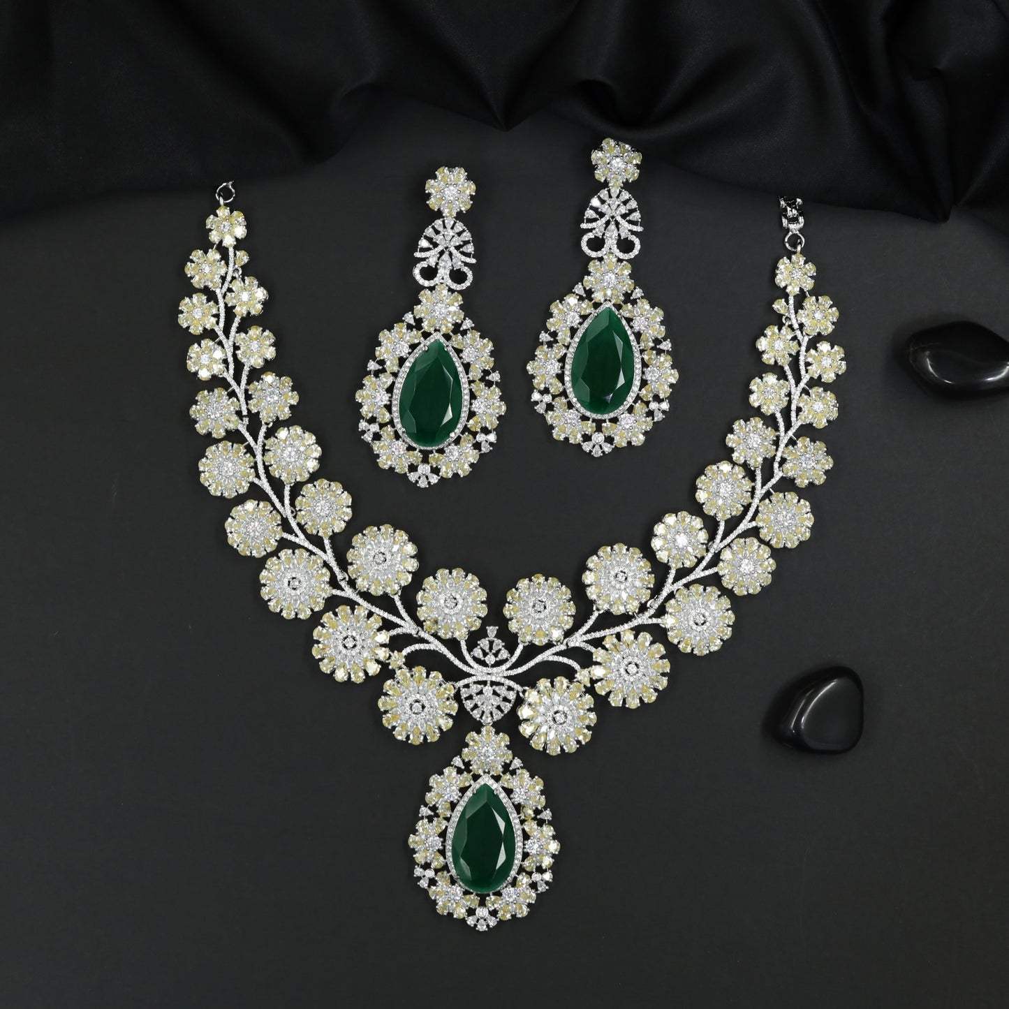 Daisy Halo Rhodium Necklace Set with Statement Drop Pendant