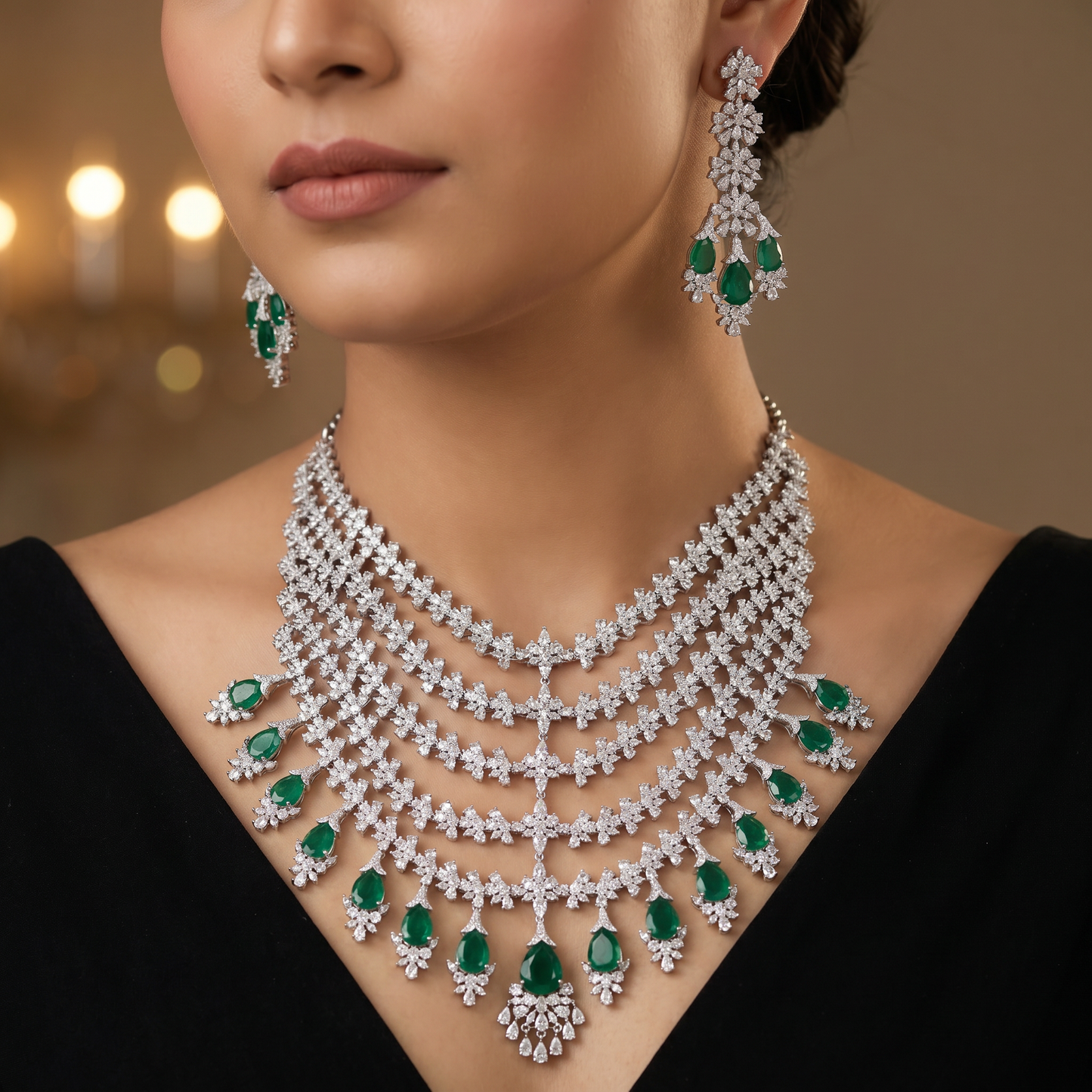 Multi Layer Rhodium Necklace Set with Ornamental Centre Motif