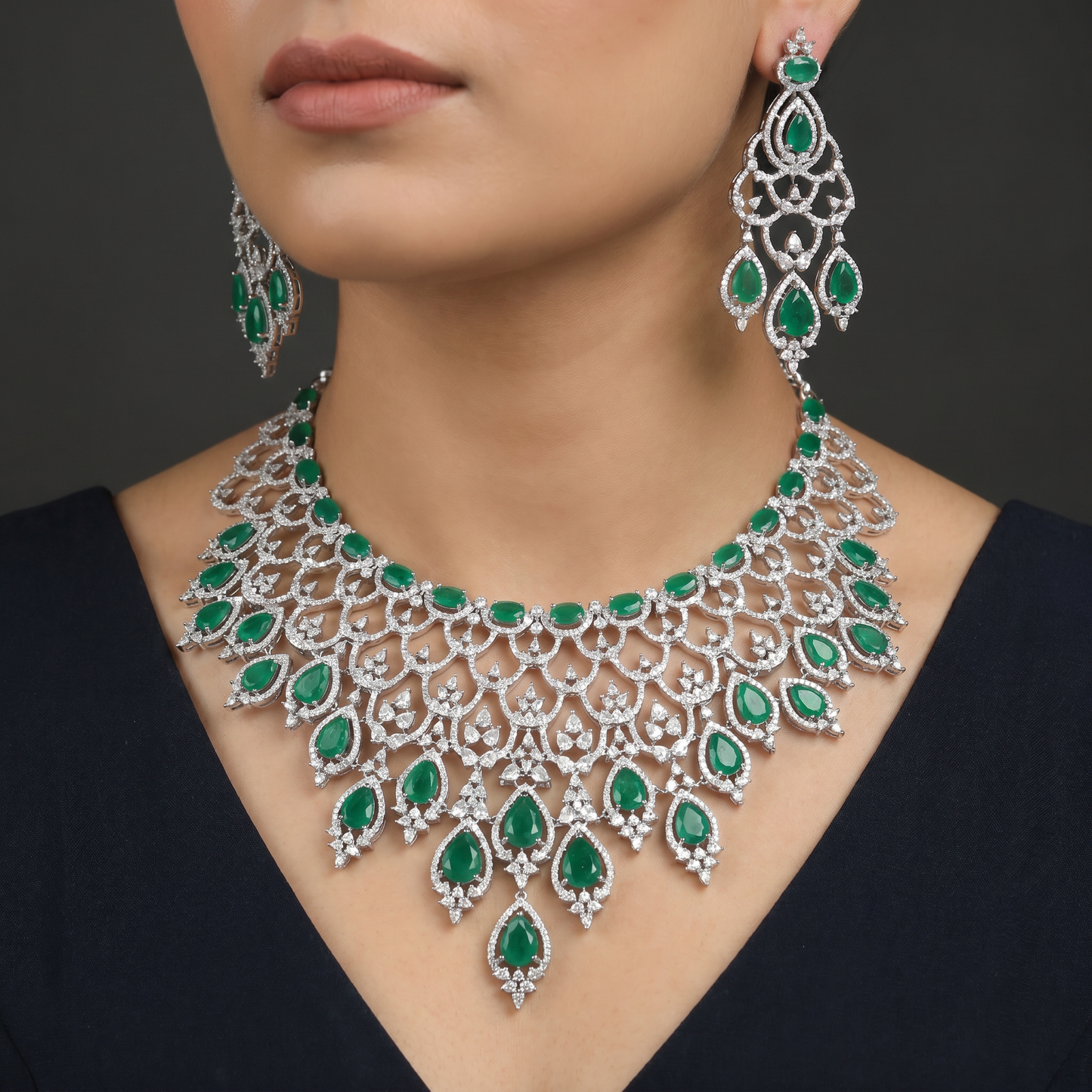 Grand Teardrop Rhodium Necklace Set with Coordinated Earrings
