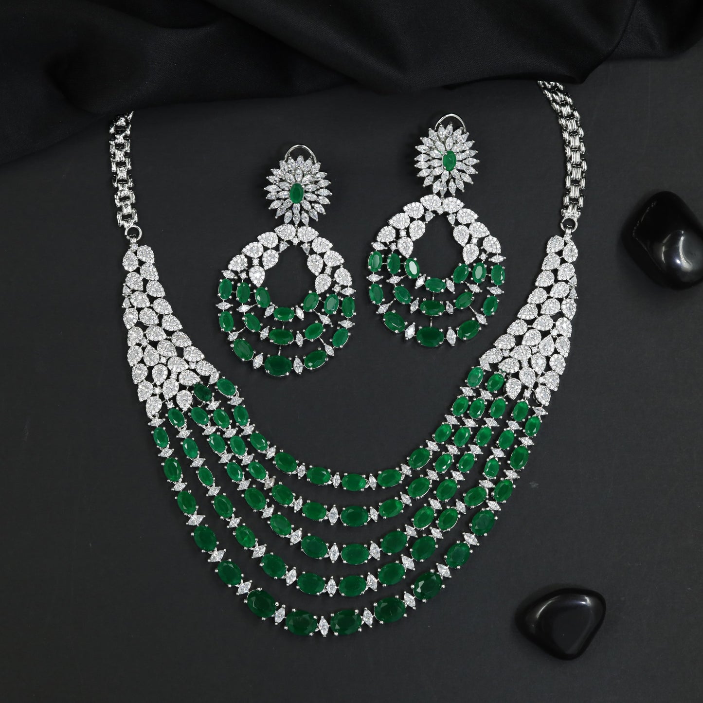 Multi Row Rhodium Necklace Set with Graduated Fringe Pattern
