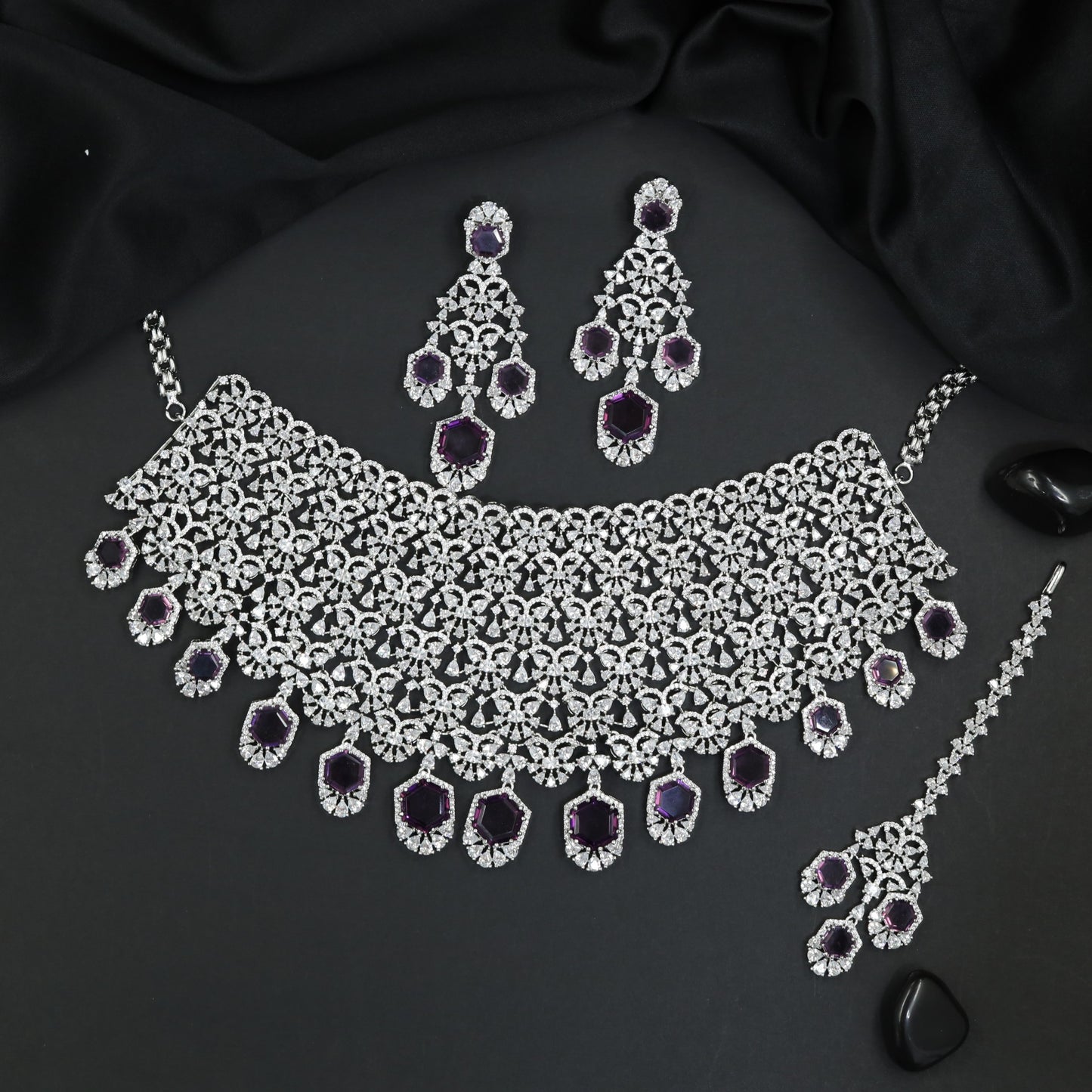 Rosette Garland Rhodium Choker with Matching Earrings and Maang Tikka