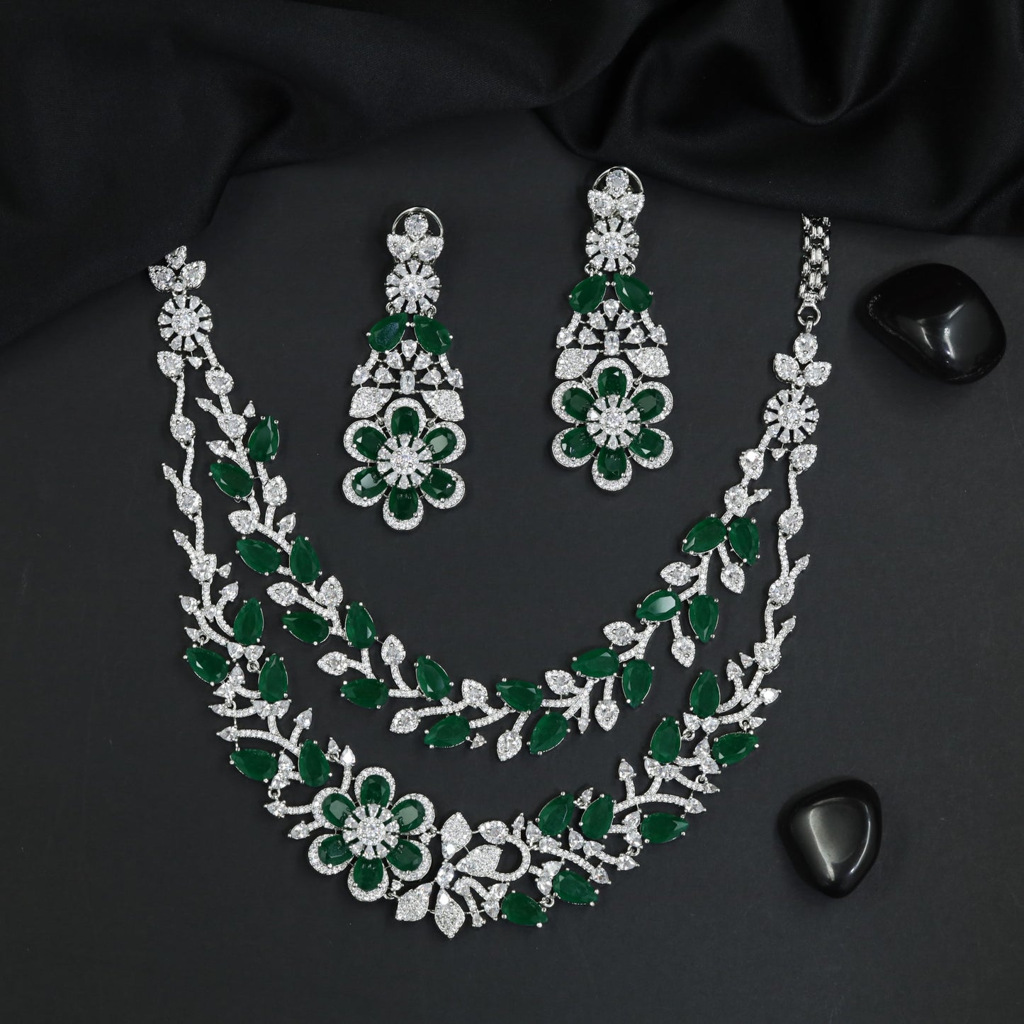 Floral Vine Rhodium Necklace Set with Layered Festoon Design
