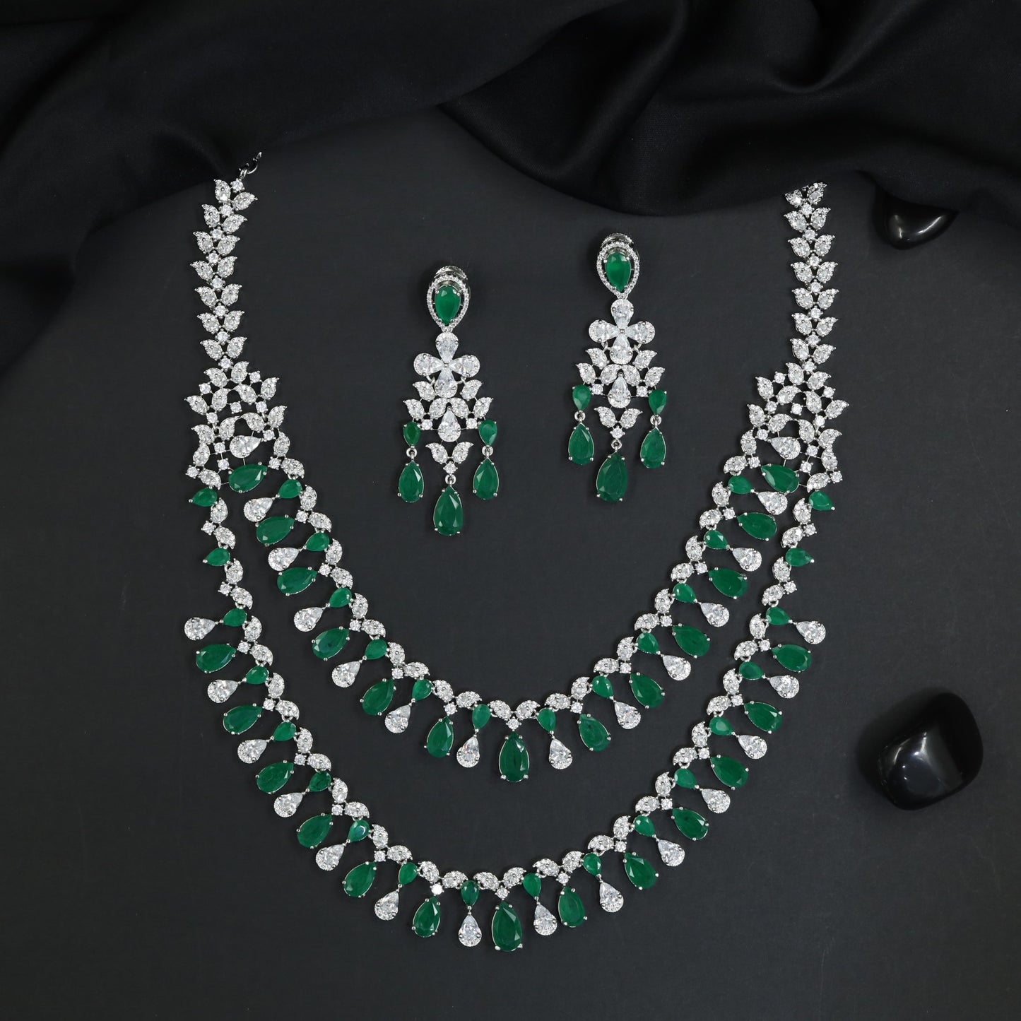 Teardrop Halo Rhodium Necklace Set with Triple Strand Pattern