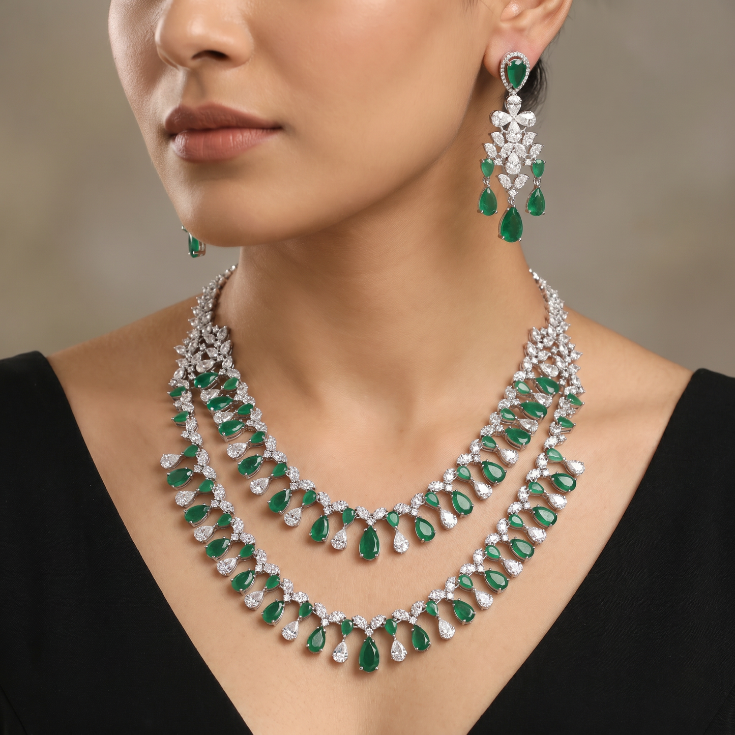 Teardrop Halo Rhodium Necklace Set with Triple Strand Pattern