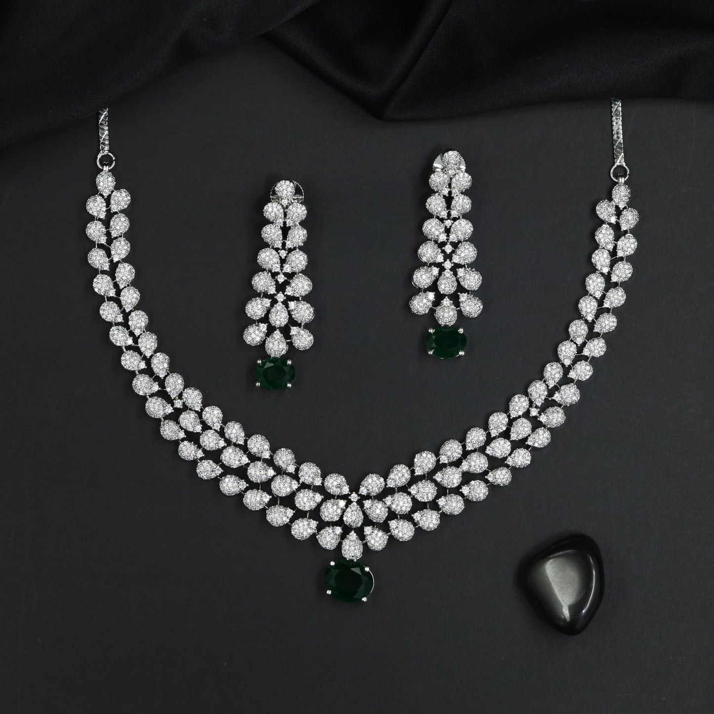 Petal Frame Rhodium Necklace Set with Coordinated Earrings