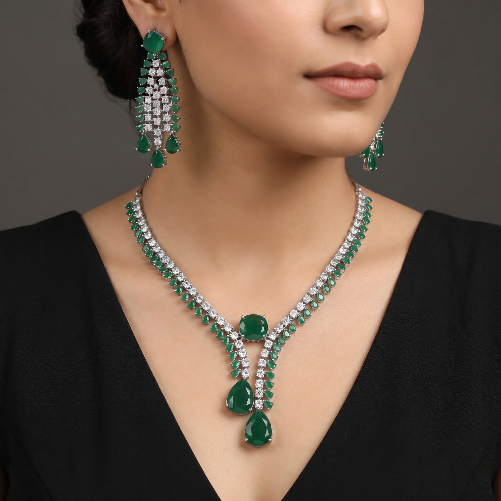 Twin Row Pear Motif Necklace Set with Statement Centre Drop