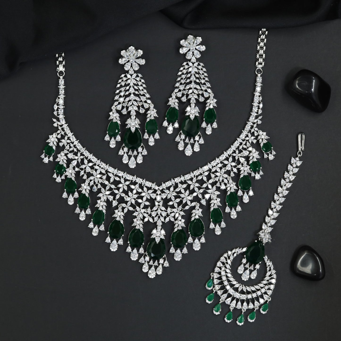 Floral Collar Rhodium Necklace Set with Coordinated Earrings and Maang Tikka