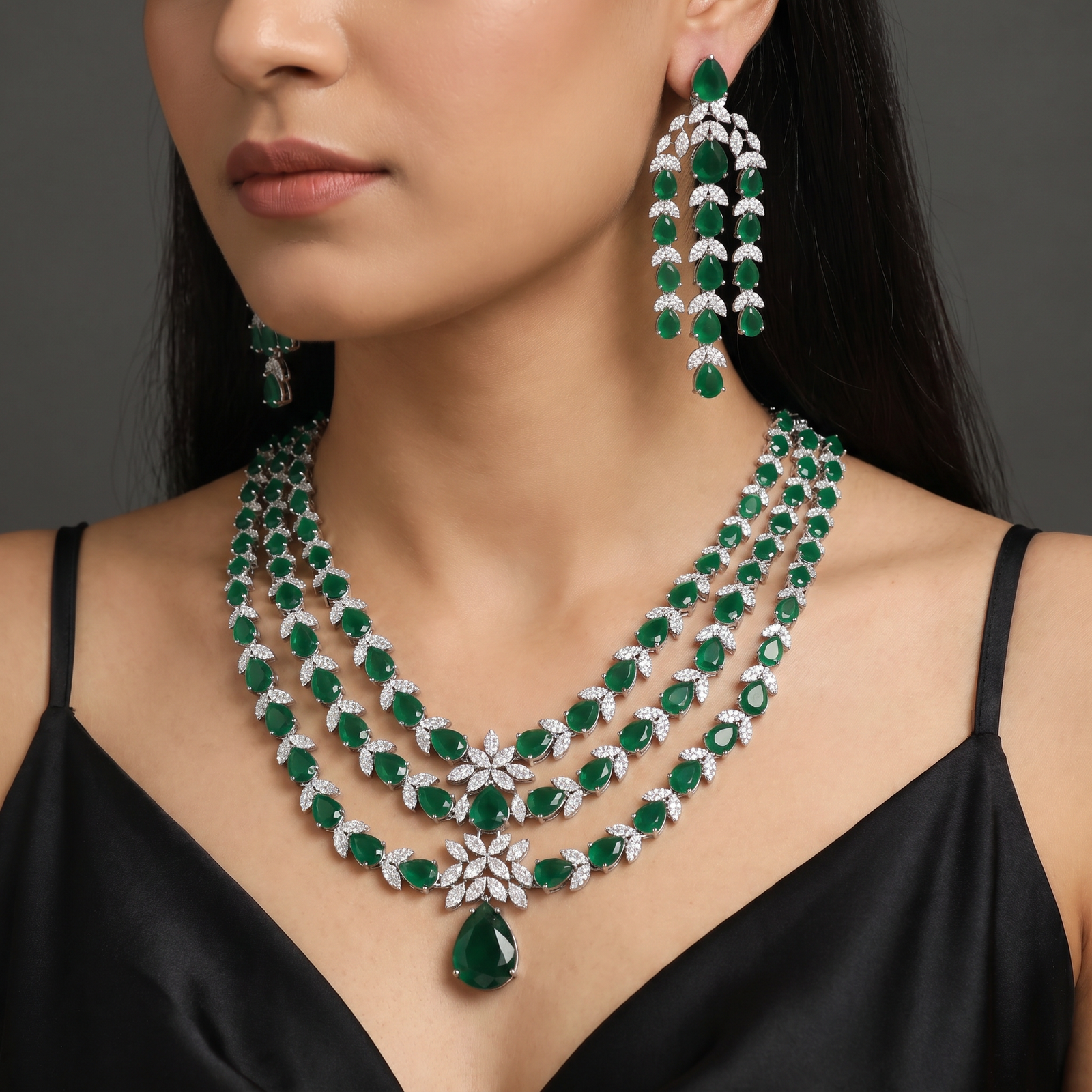 Triple Strand Rhodium Necklace Set with Floral Pendant Accent