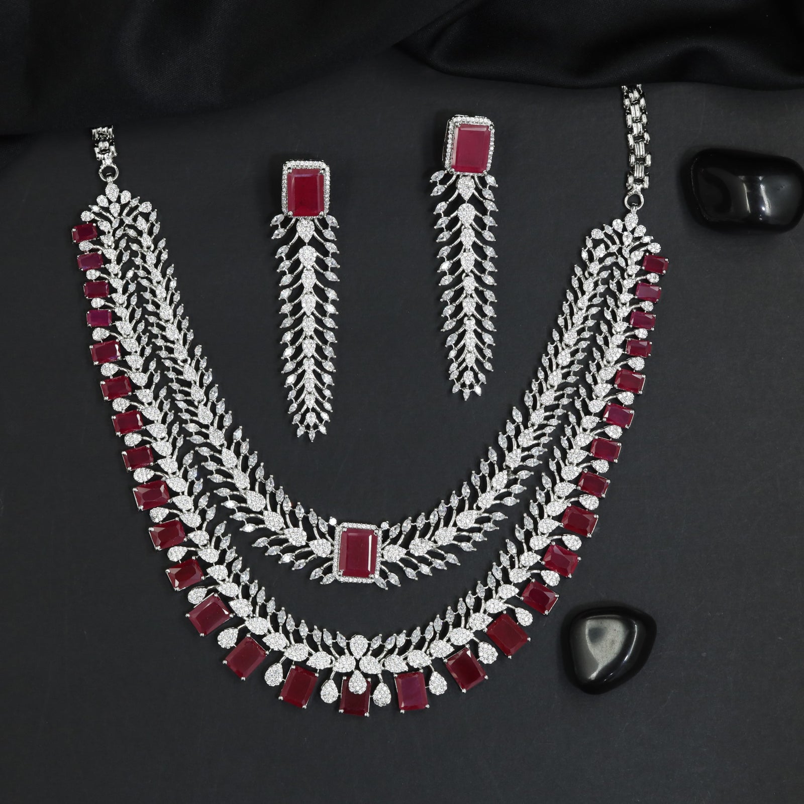 Multi Strand Rhodium Necklace Set with Pear Silhouette Drops