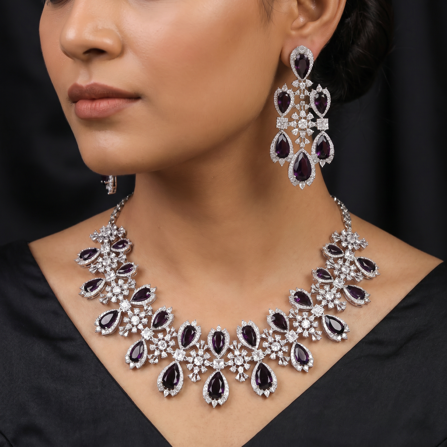 Floral Vine Rhodium Necklace Set with Pear Motif Links