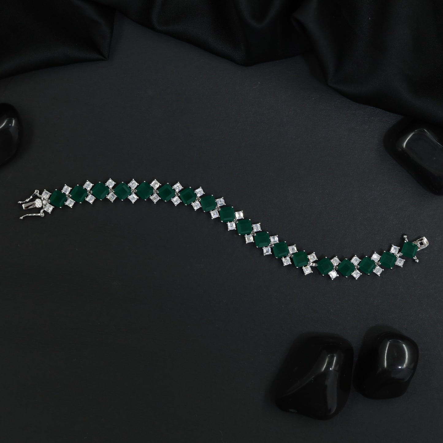 Rhodium Bracelet with Repeating Cushion Elements and Angular Accents