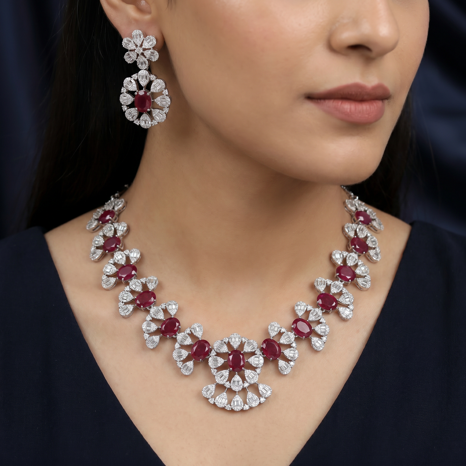 Botanical Rosette Rhodium Necklace with Scalloped Necklace Silhouette
