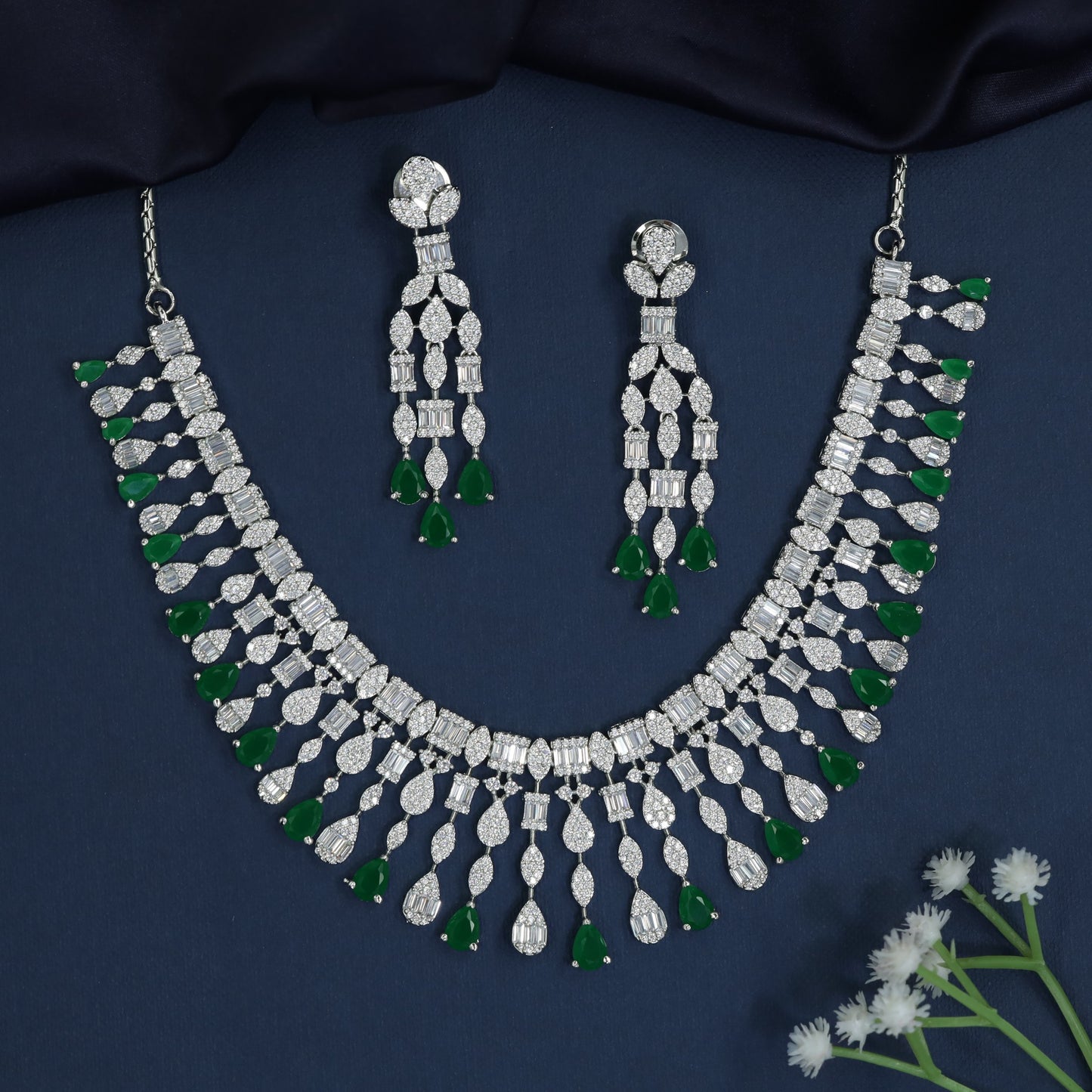 Crystal Fringe Rhodium Necklace with Scalloped Necklace Design