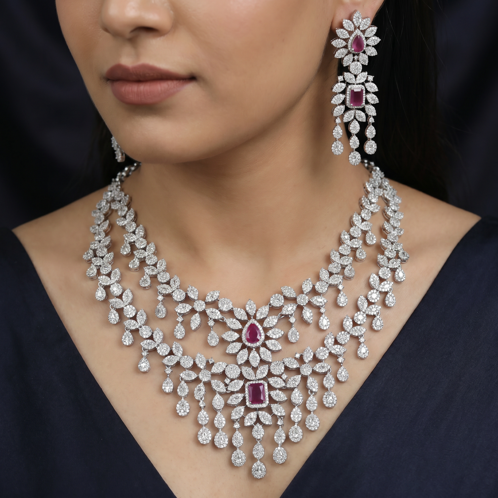 Floral Chandelier Rhodium Necklace with Multi Layer Drop Styling