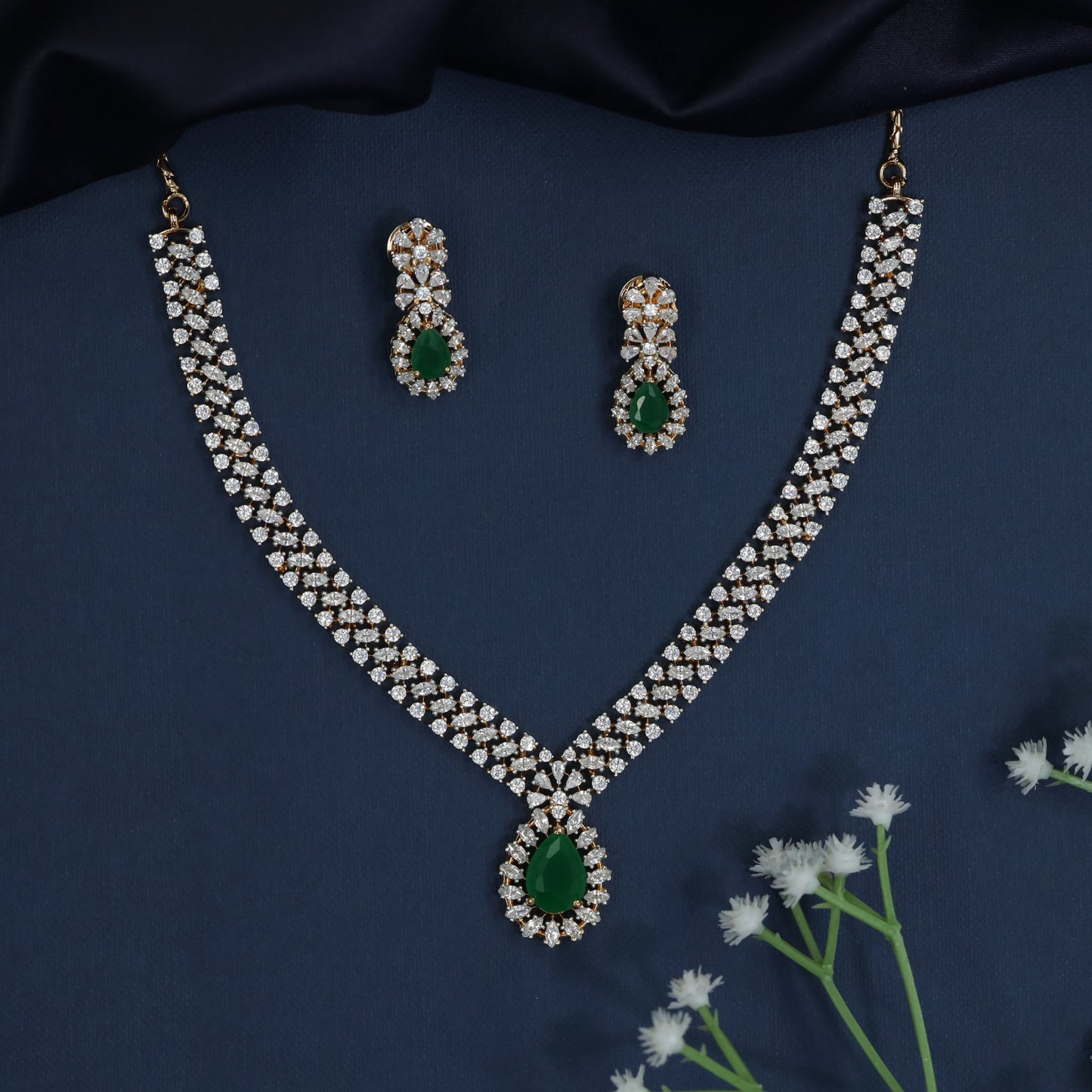 Gj Necklace with Woven Crystal Rows and Center Pendant