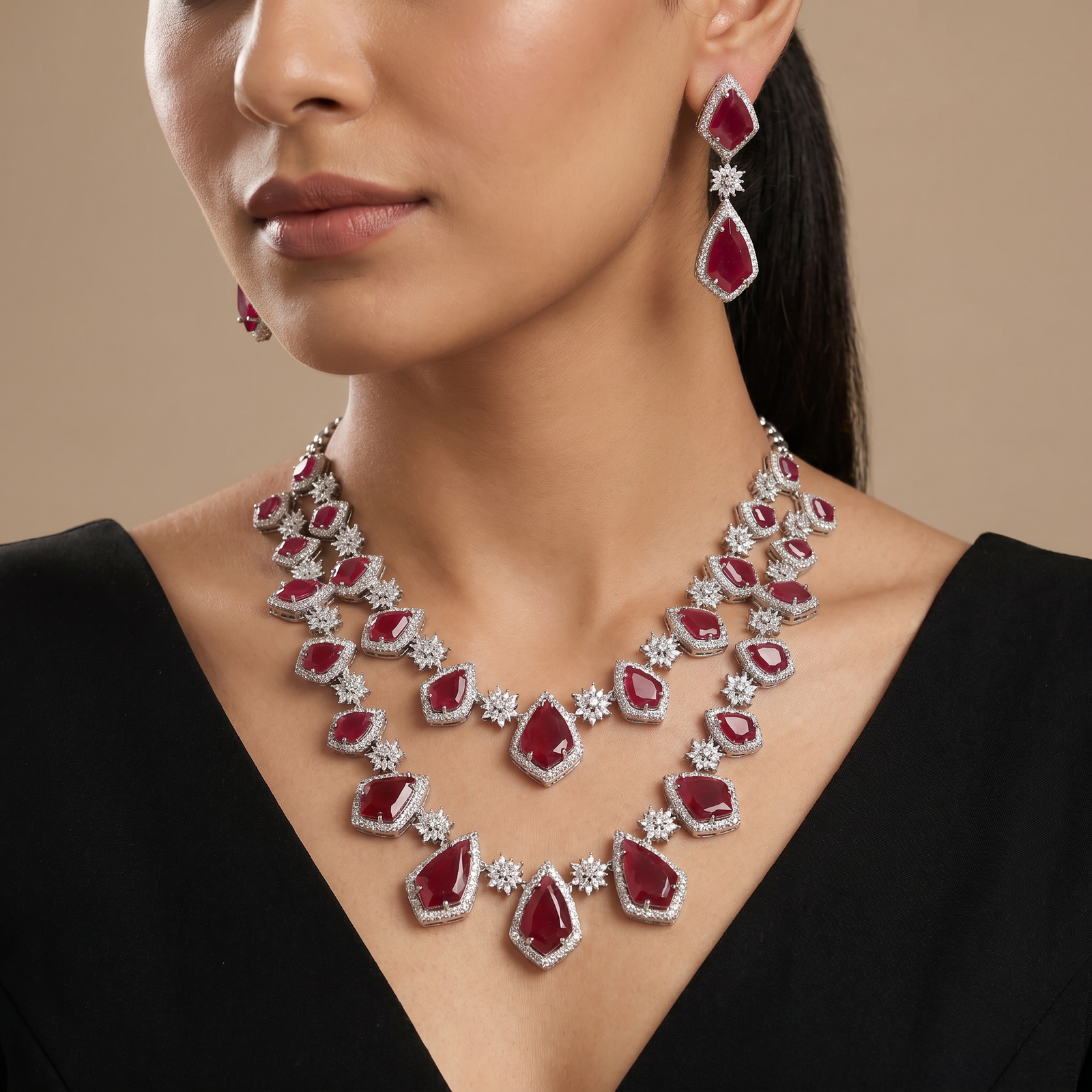 Premium rhodium necklace featuring gemstone‑studded framework