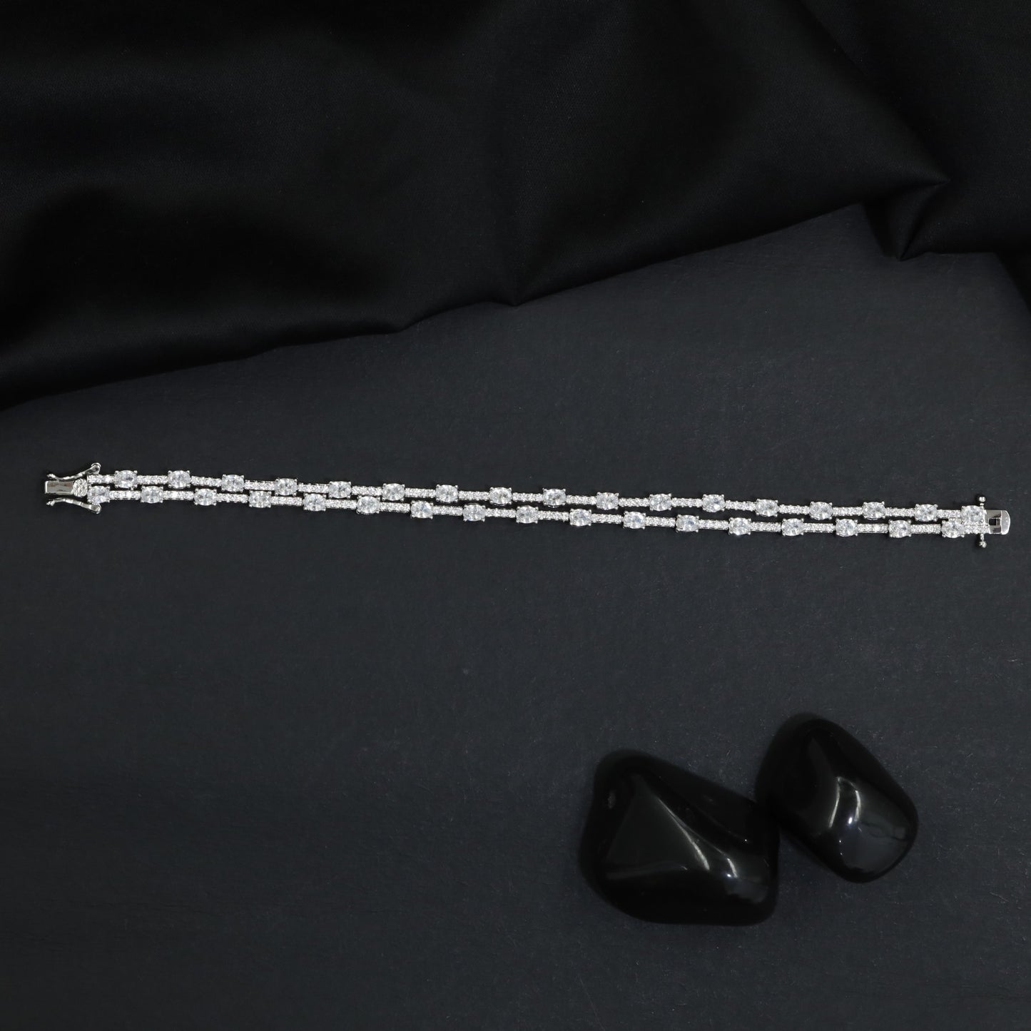 Rhodium Bracelet with Double Row Link Design
