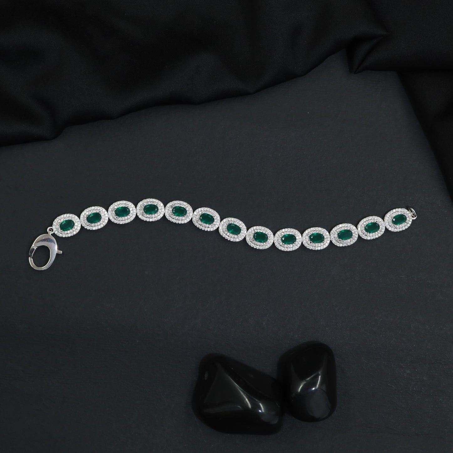Rhodium Link Bracelet Showcasing Framed Circular Elements