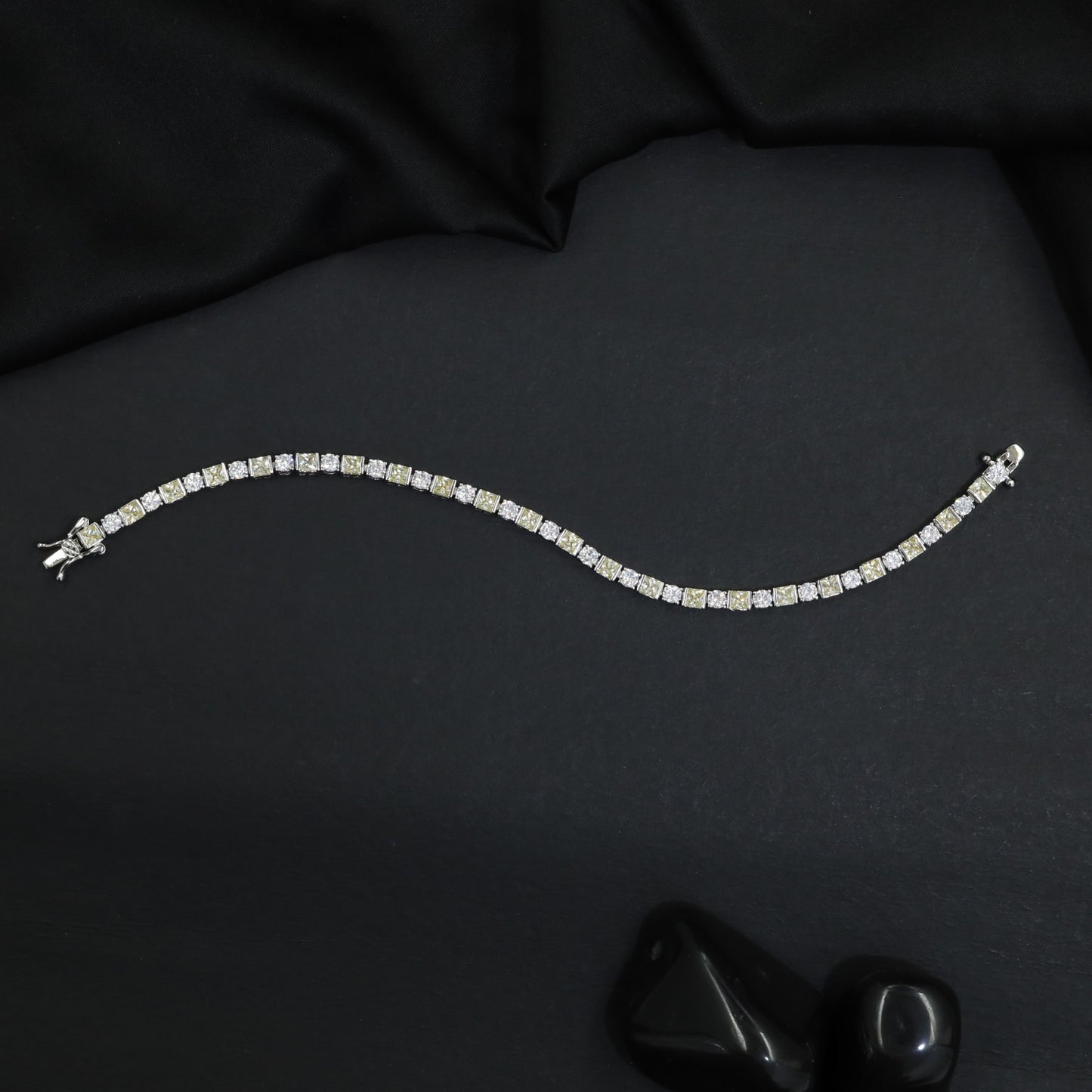 Rhodium Bracelet with Alternating Square Links and Connector Clusters