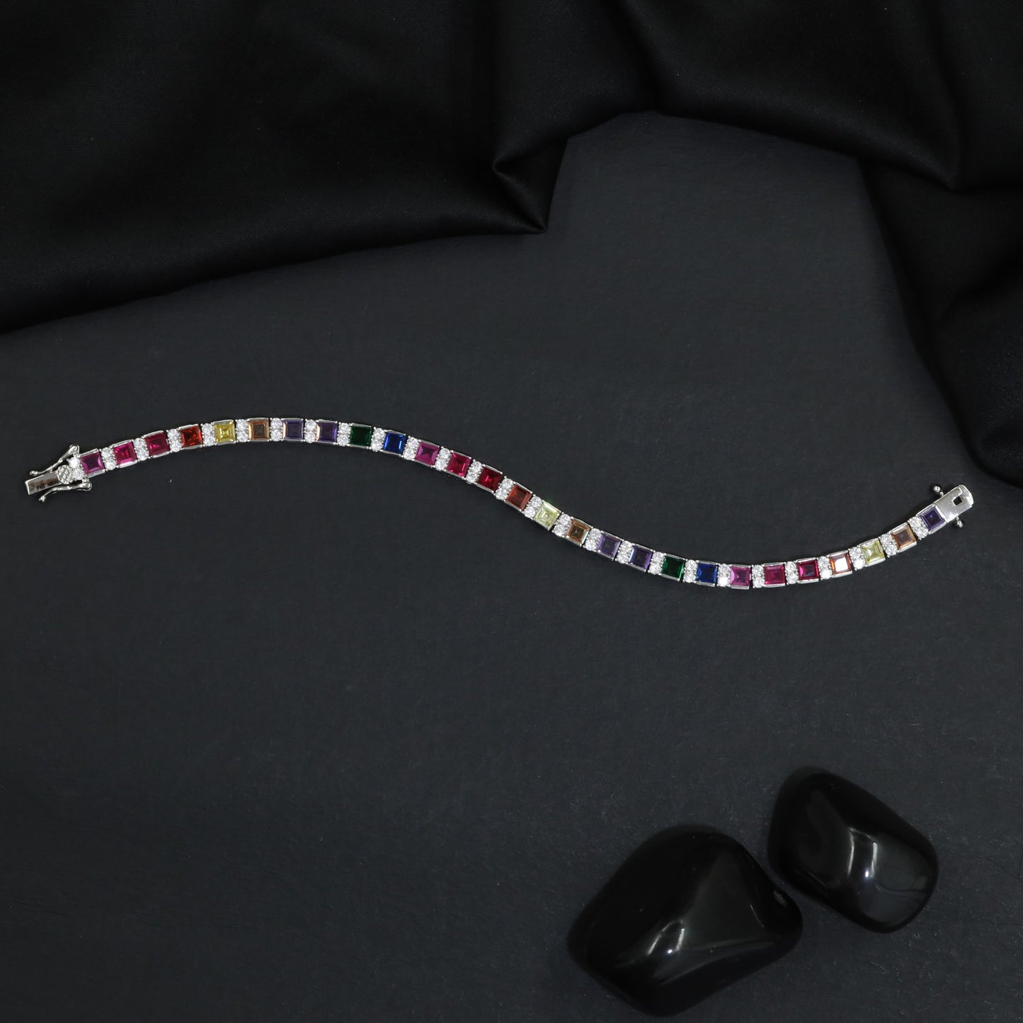 Square Link Rhodium Bracelet with Framed Detailing