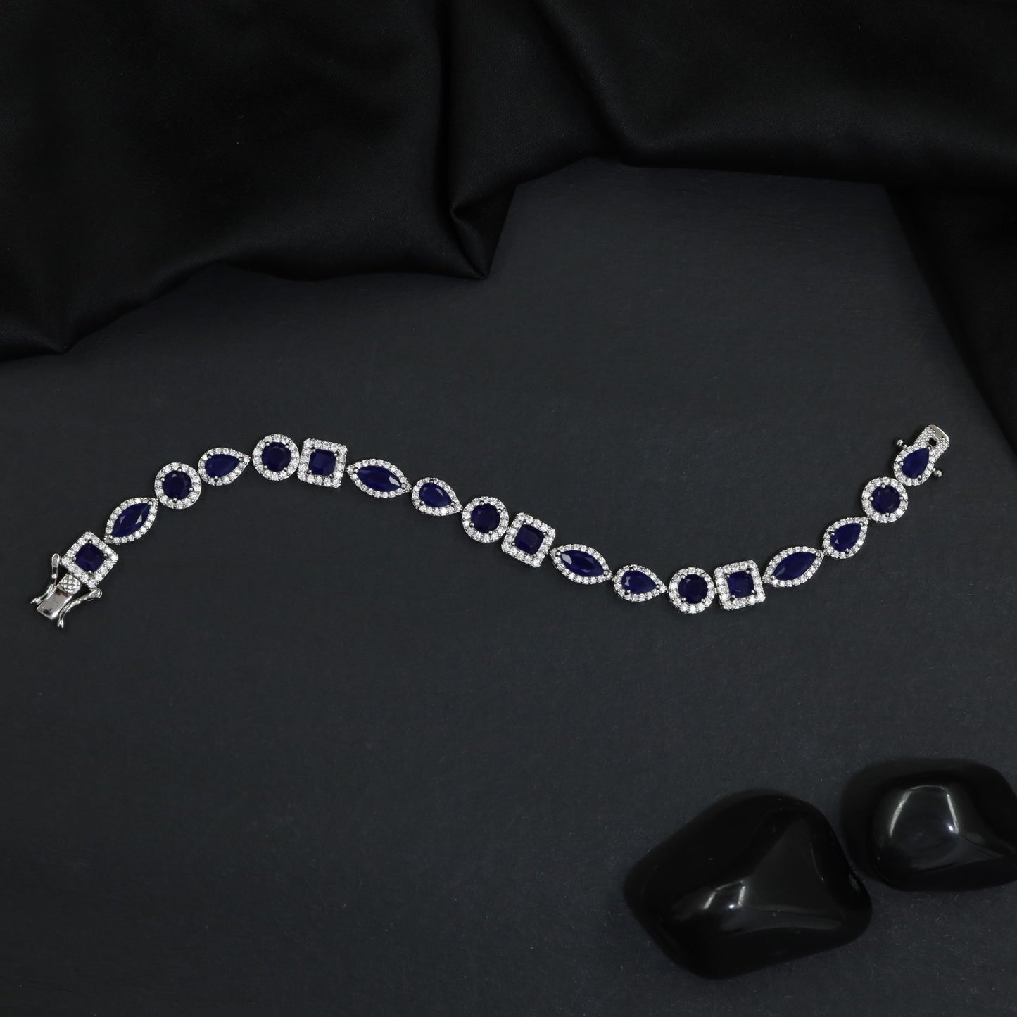 Rhodium Bracelet with Framed Navette Links and Square Stations