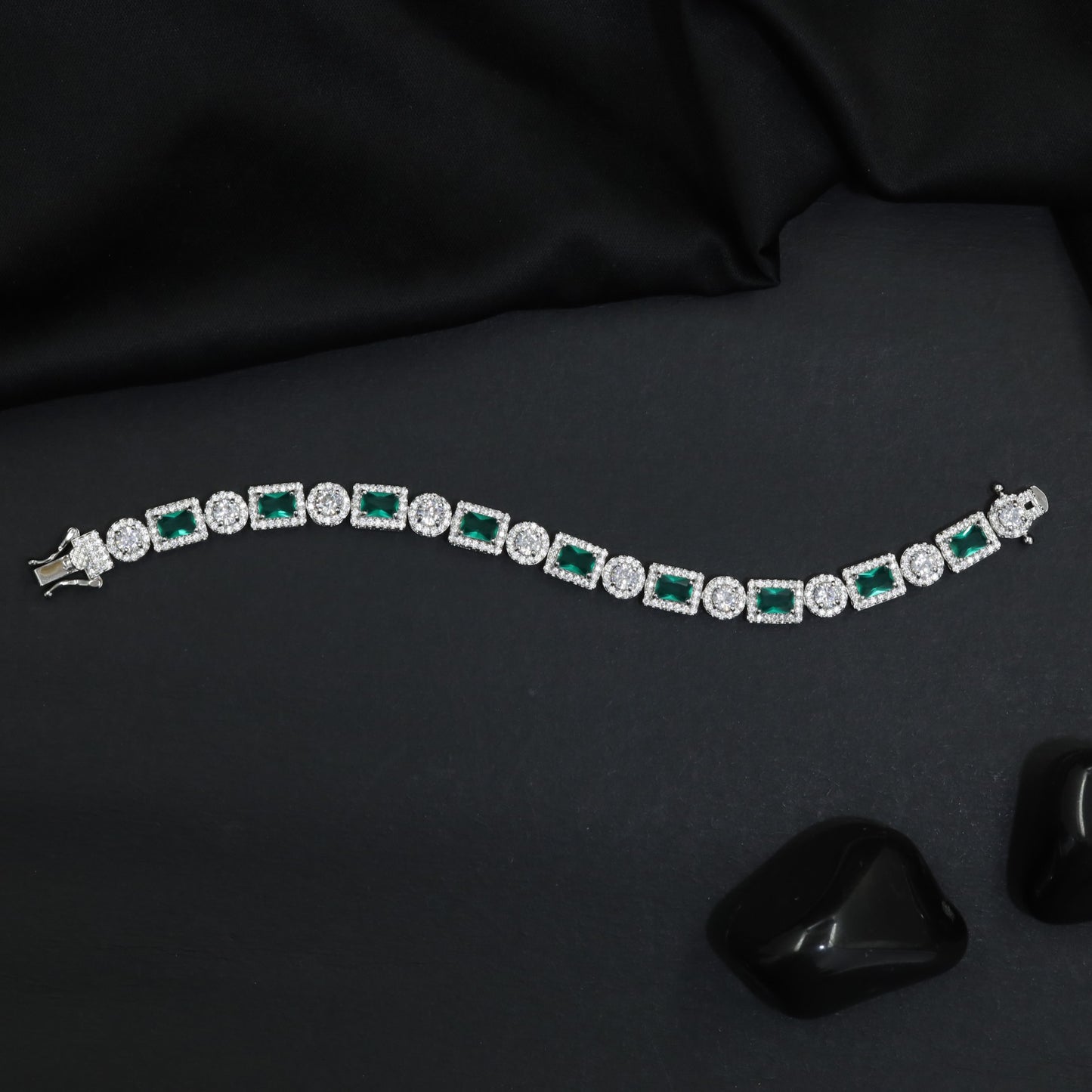 Rhodium Link Bracelet Showcasing Rectangular and Round Halo Elements