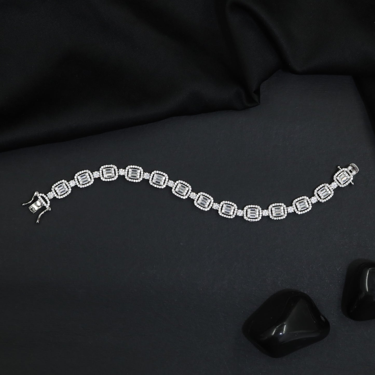 Rhodium Bracelet with Double Halo Square Link Design