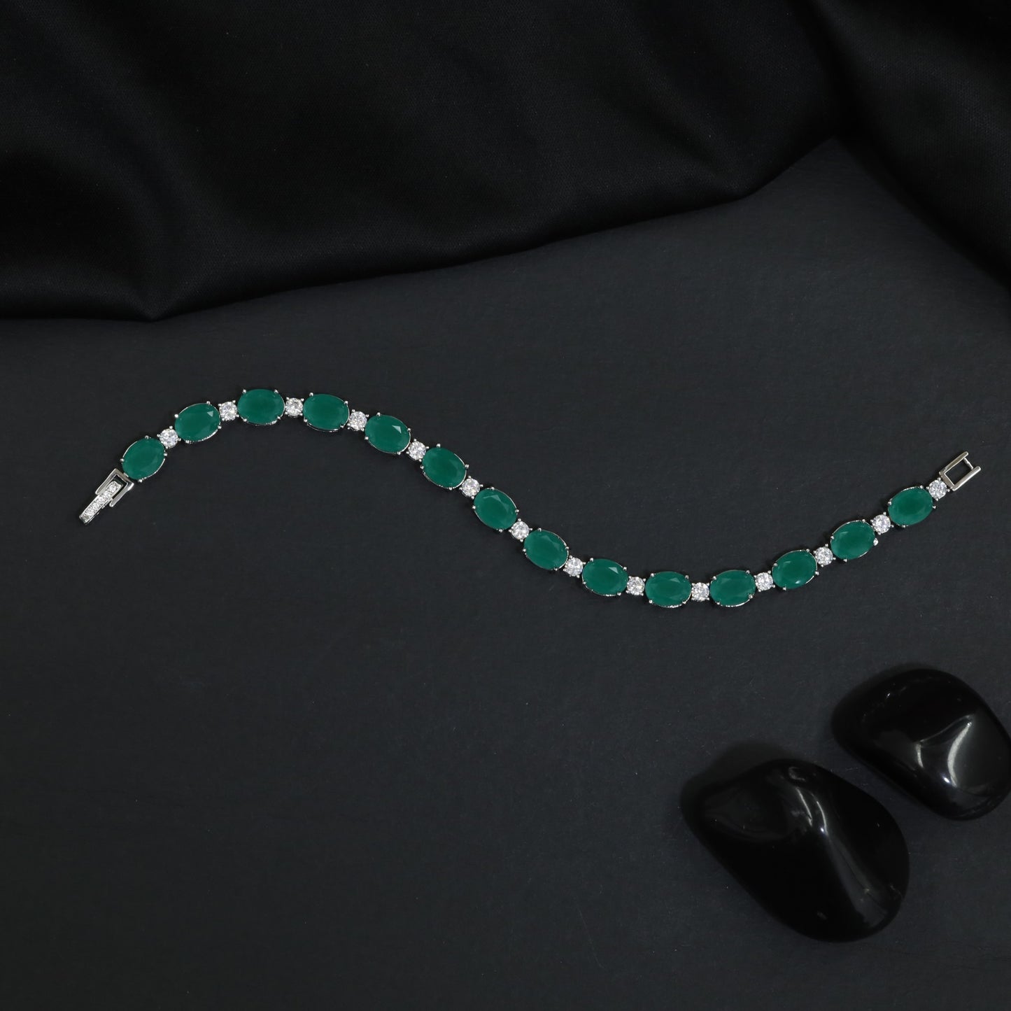 Rhodium Bracelet with Oval Centre Stations and Round Connectors