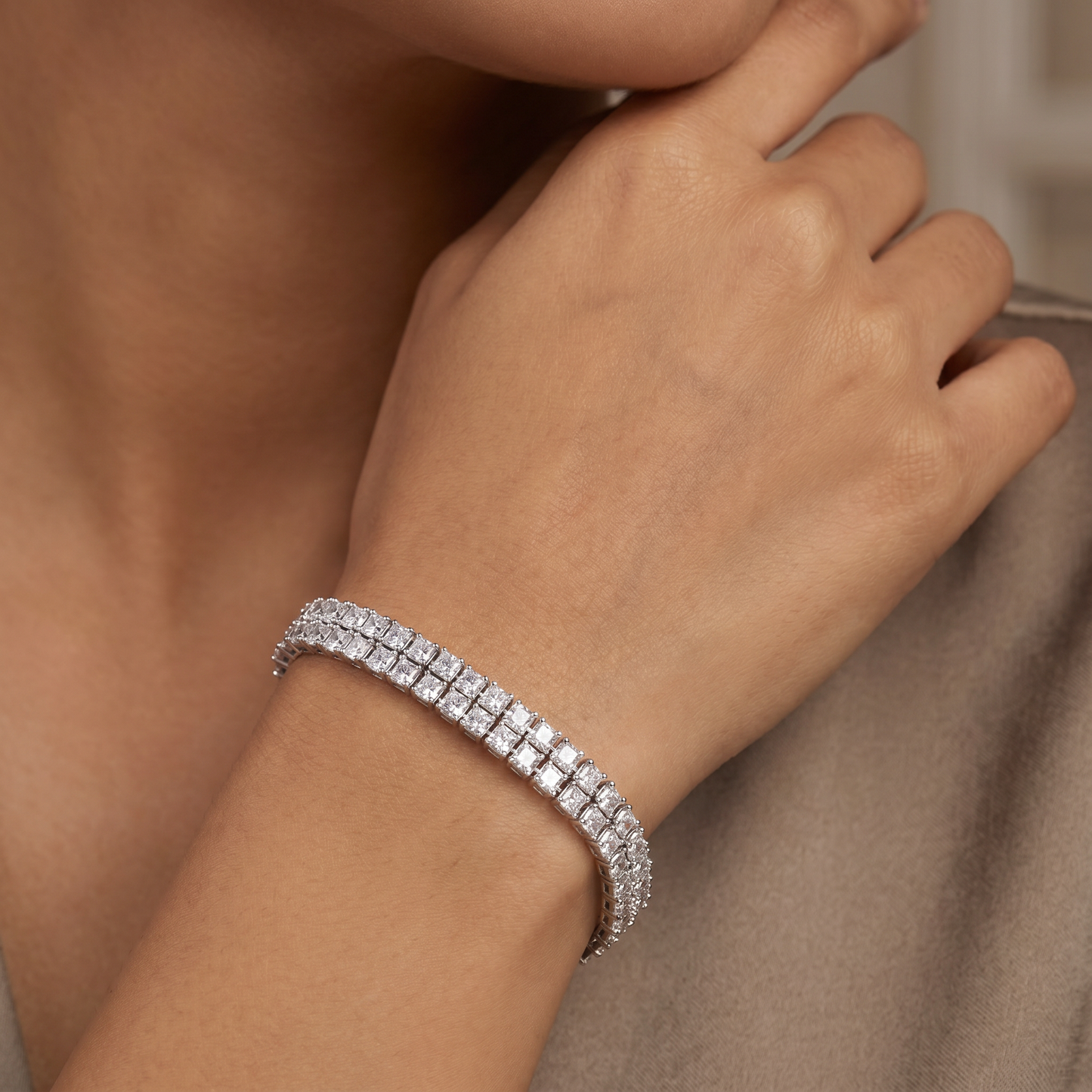 Double Row Rhodium Bracelet with Sparkling Crystal Links