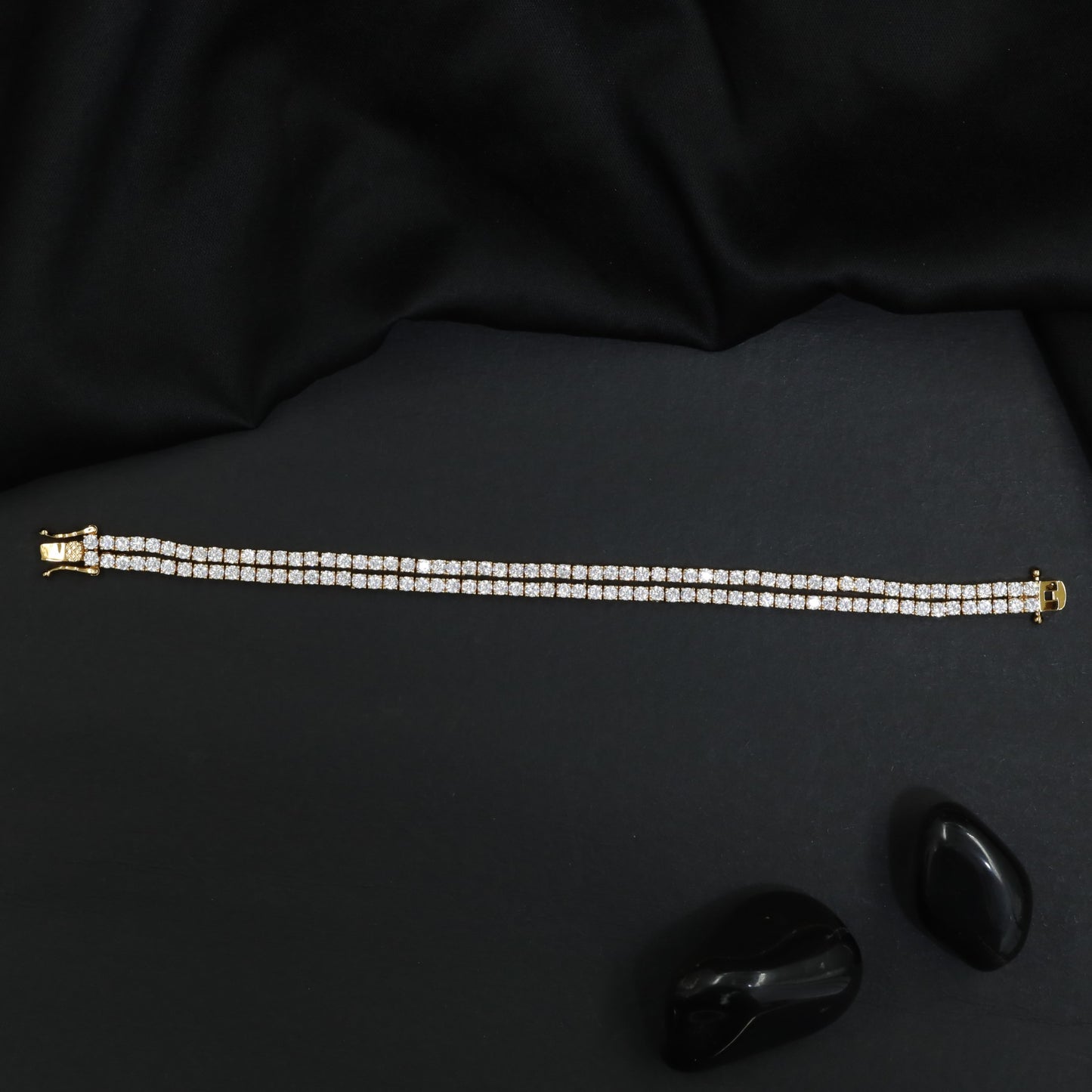 Double Row Rhodium Bracelet with Sparkling Crystal Links