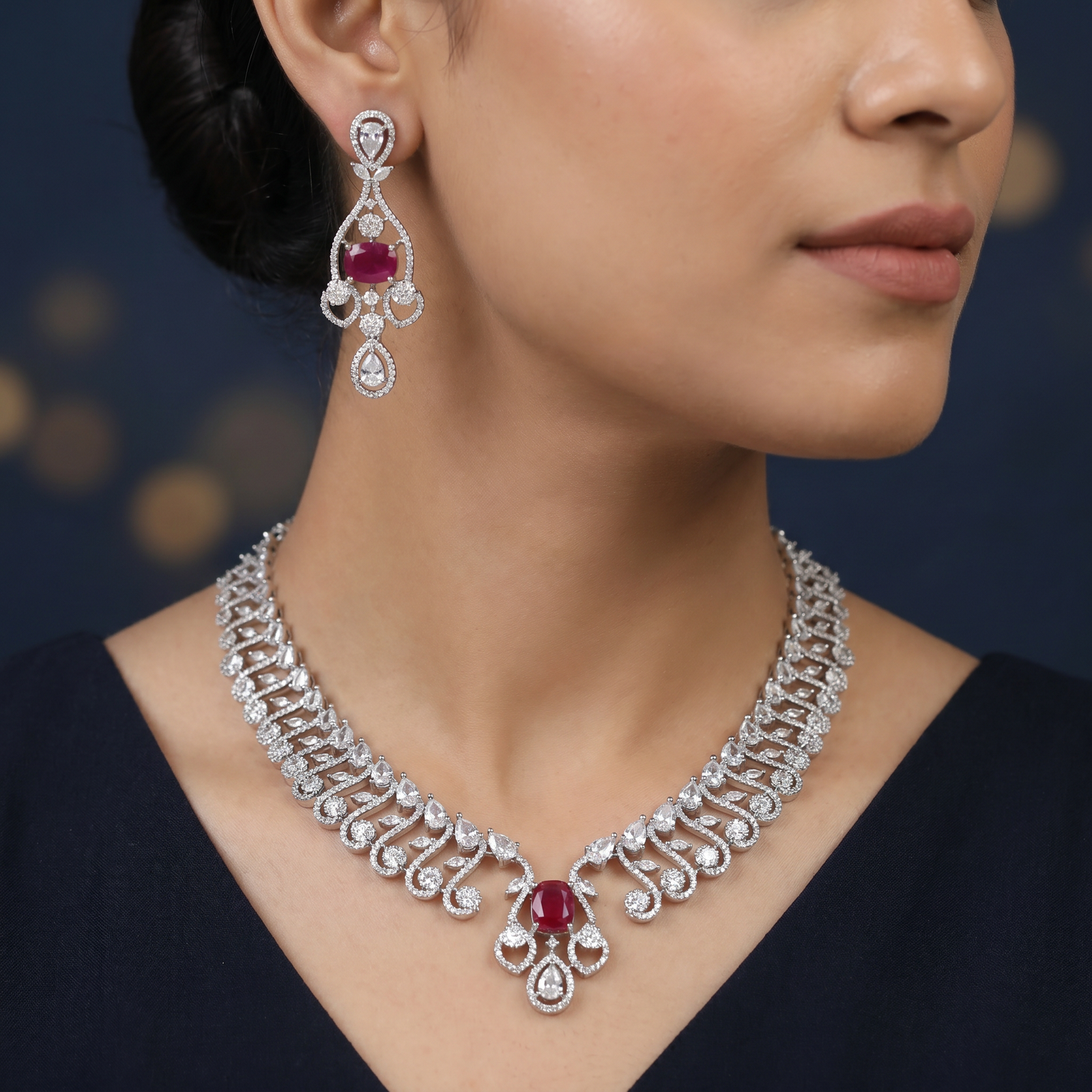 Designer rhodium necklace with sculpted pendant craftsmanship