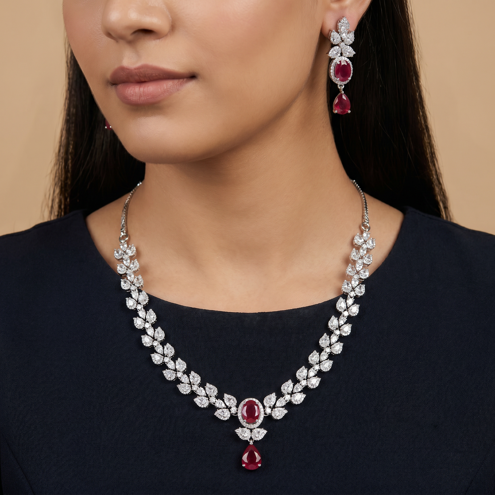 Regal rhodium necklace with layered leaf artistry