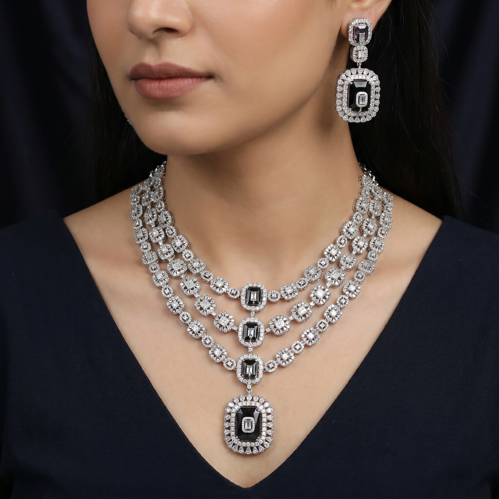 Triple Drape Rhodium Necklace with Oval Halo Construction