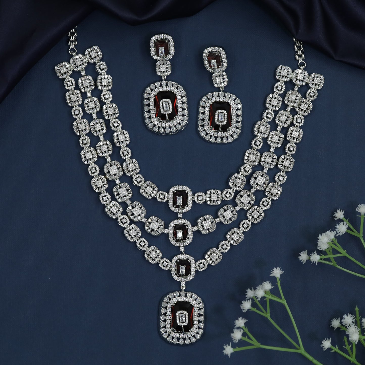 Triple Drape Rhodium Necklace with Oval Halo Construction