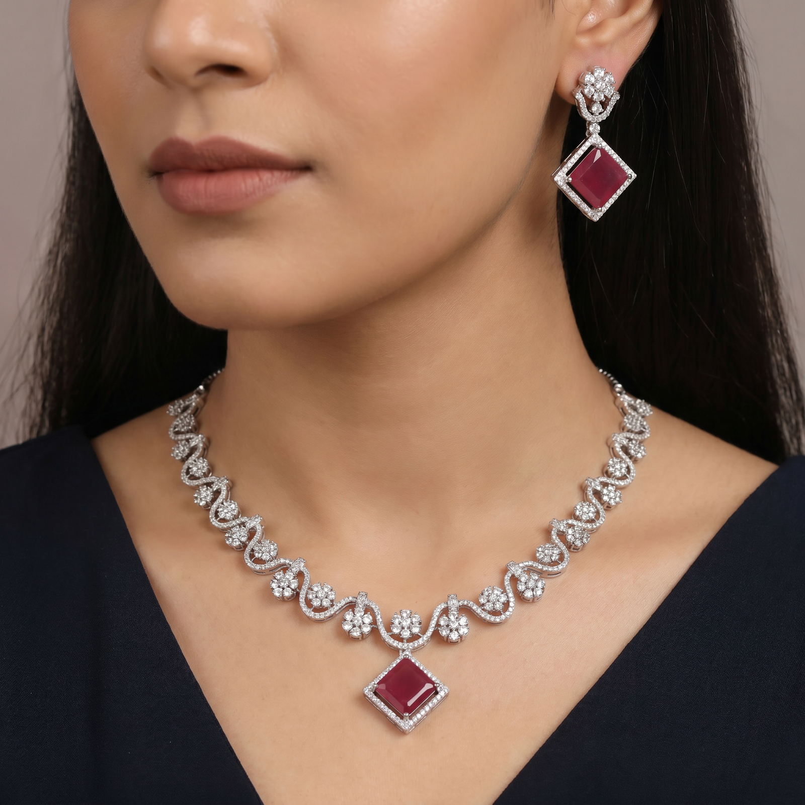 Rhodium Necklace with Daisy Link Chain and Diamond Frame Centerpiece