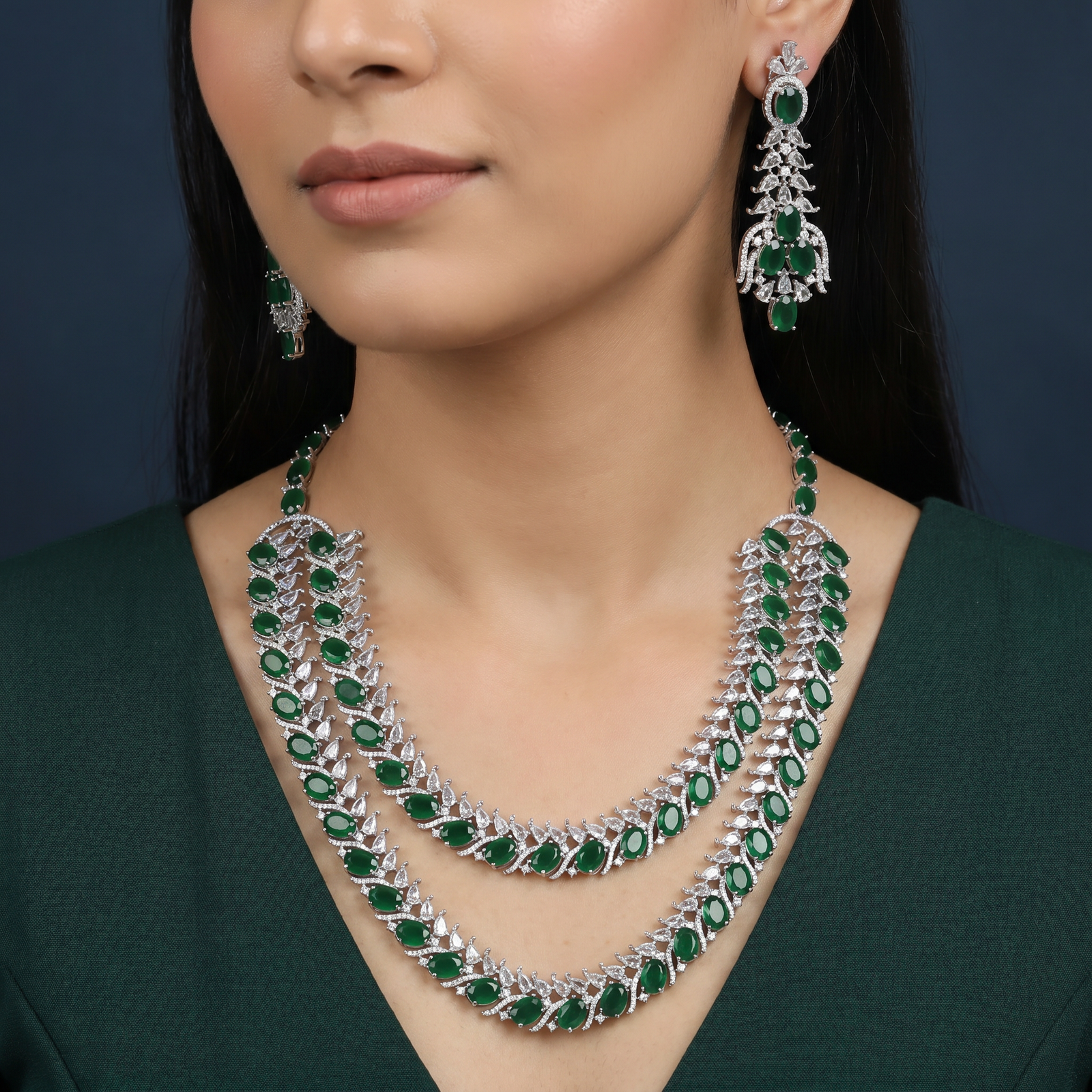 Marquise Frame Rhodium Necklace with Draped Triple Row Design