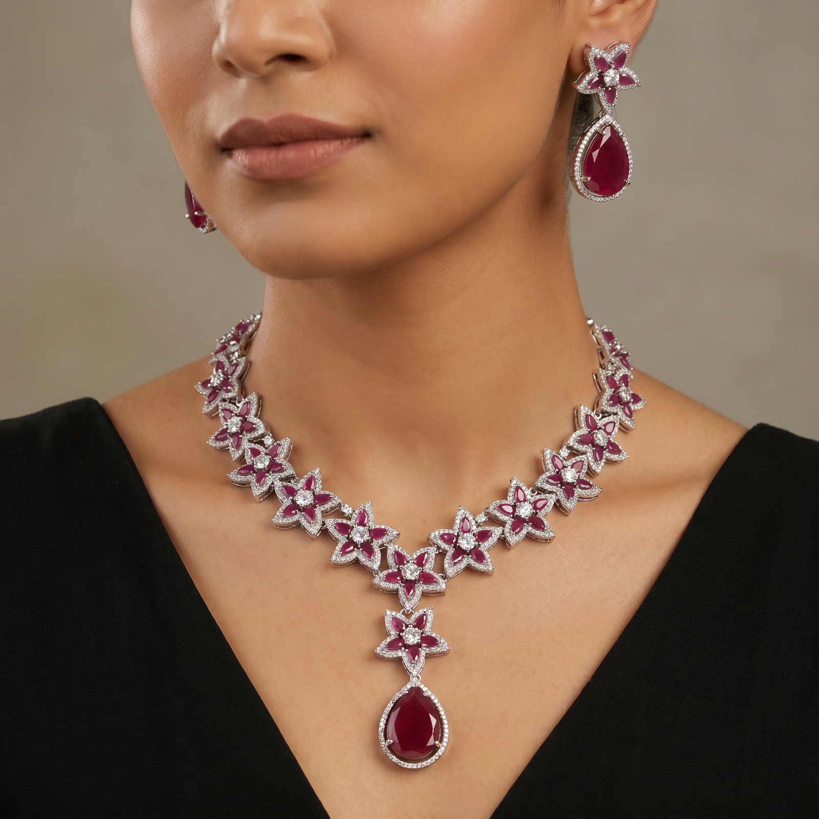 Starflower Cascade Rhodium Necklace with Teardrop Focal Drop