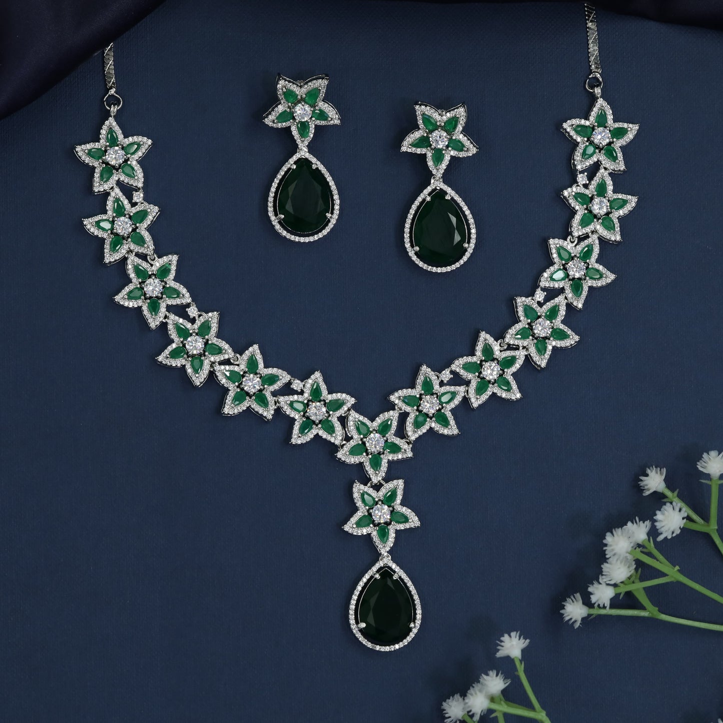 Starflower Cascade Rhodium Necklace with Teardrop Focal Drop