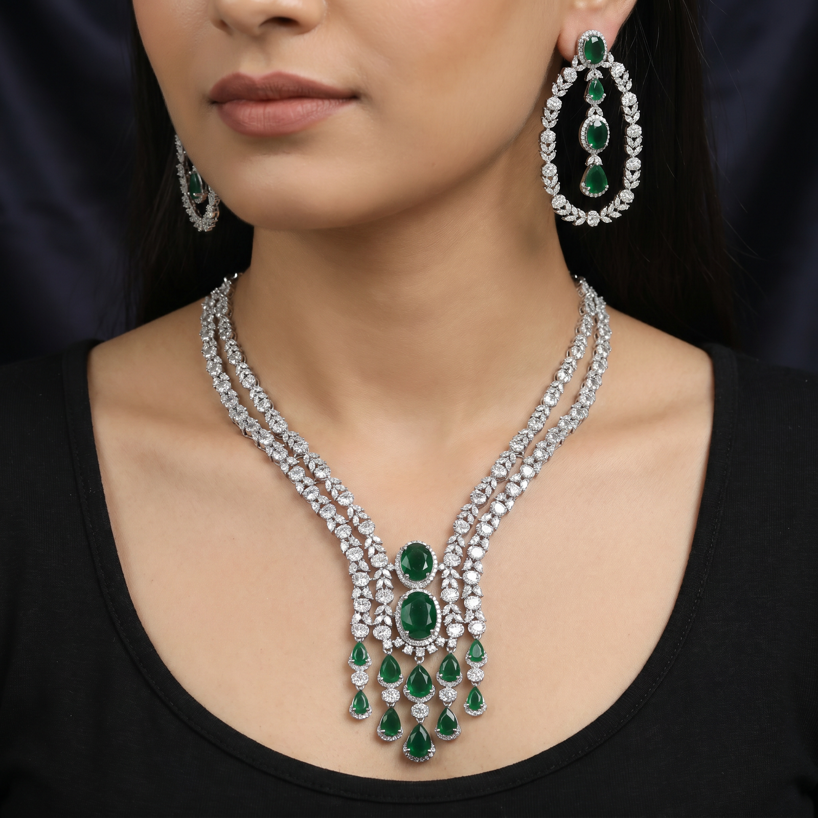 Y-drop rhodium necklace with cascading pendant accents