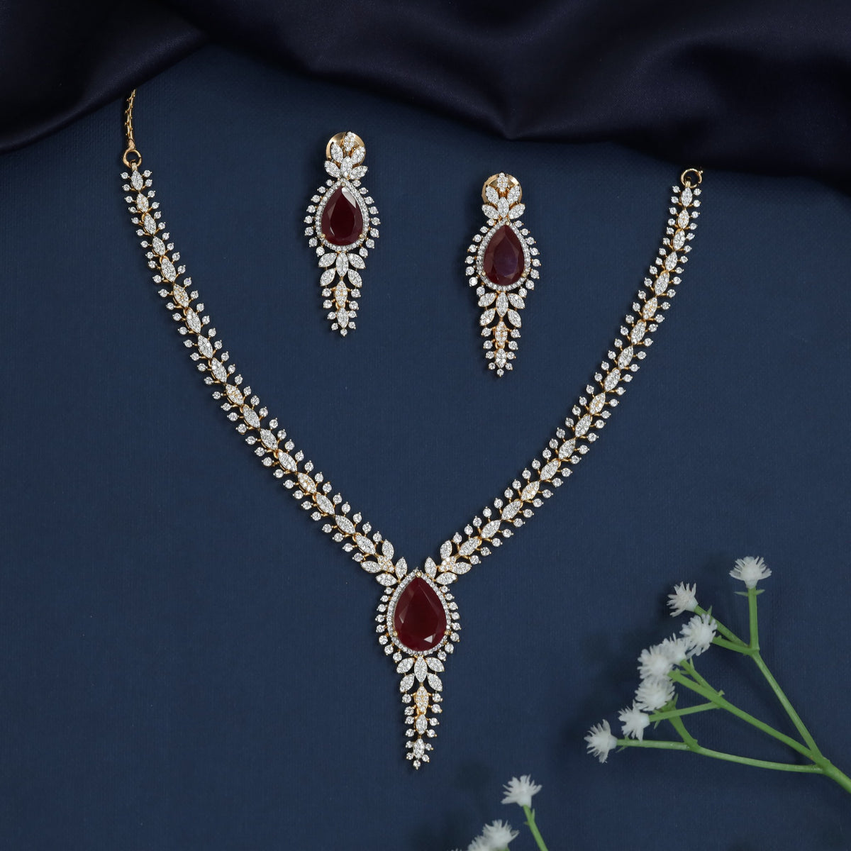 Teardrop Frame Necklace Set with Graduated Marquise Accents