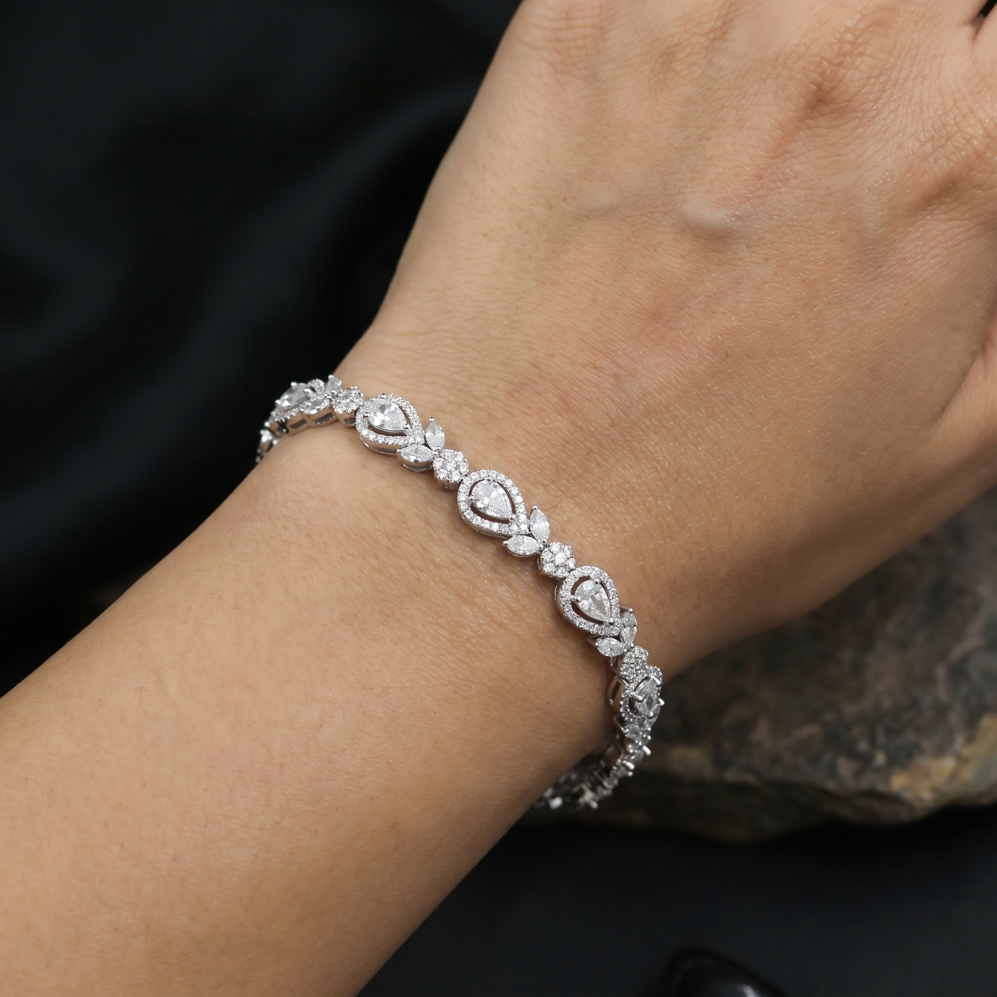 Leaf Accent Pear Rhodium Bracelet