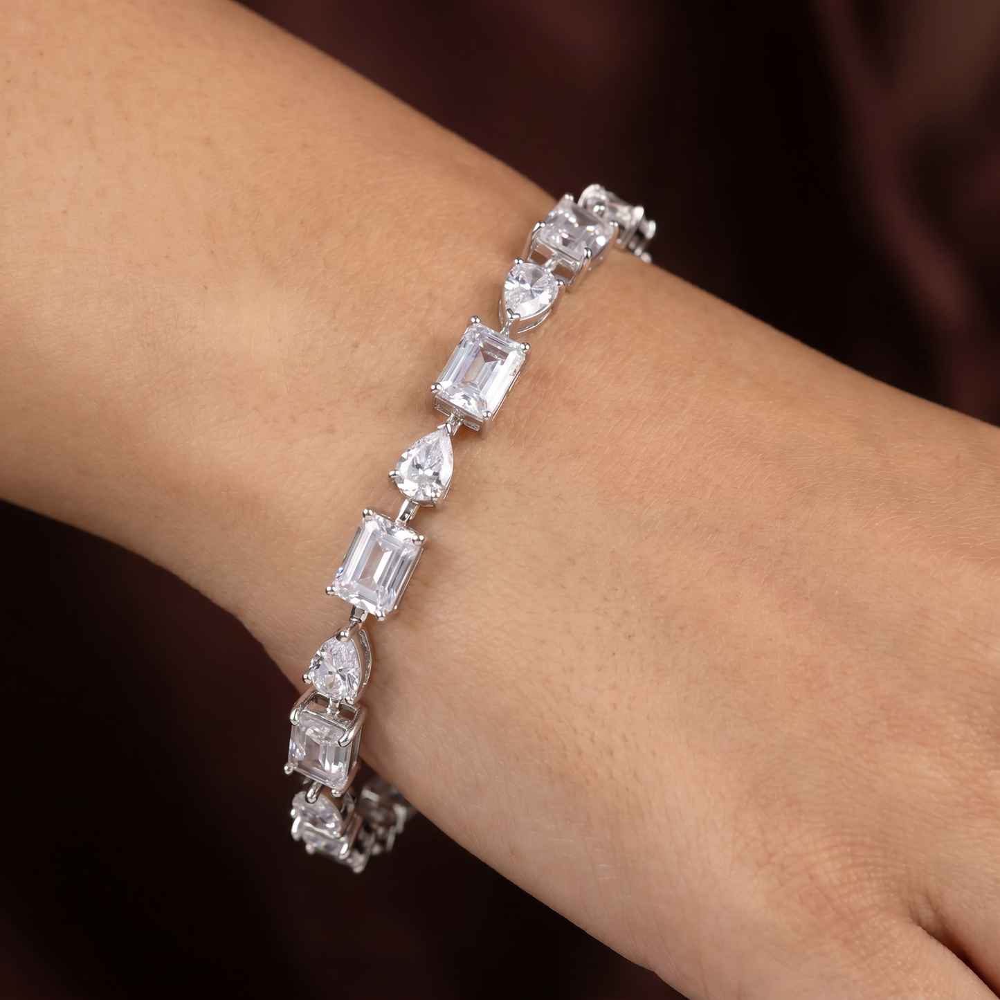Rhodium Bracelet with Alternating Geometric and Pear Elements