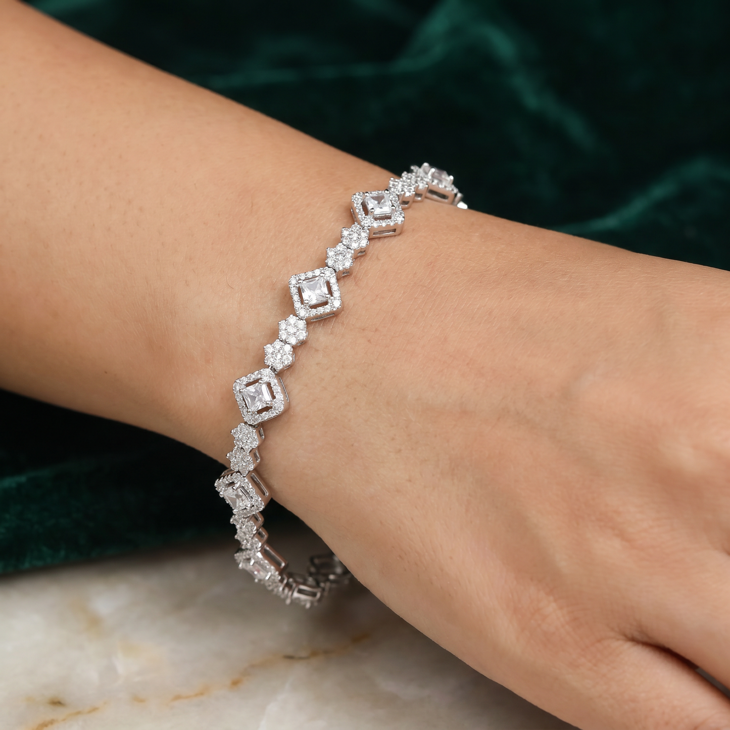 Cushion Floral Link Rhodium Bracelet